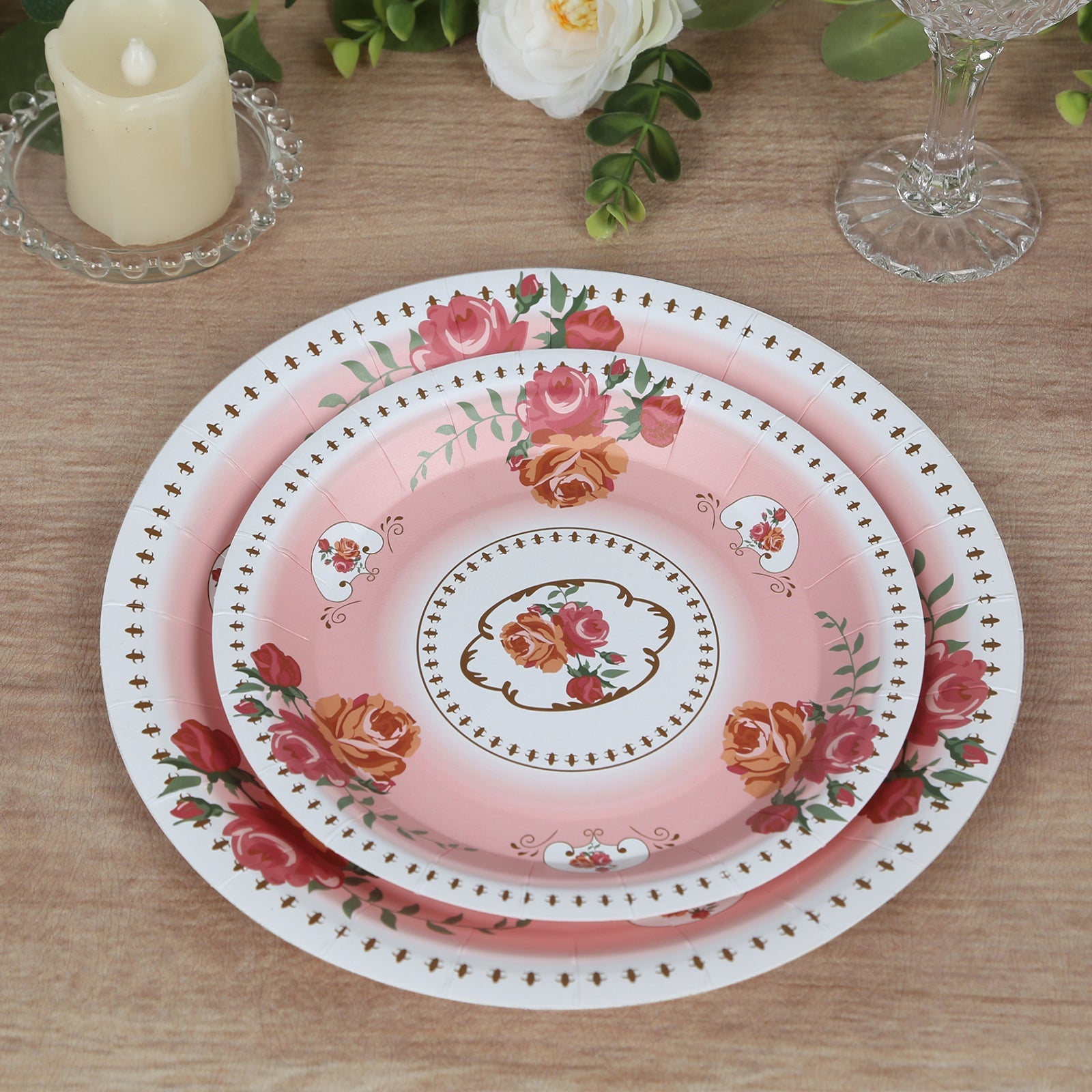25-Piece Set of 7-Inch Dusty Rose Disposable Paper Dessert Plates with Vintage Rose Prints