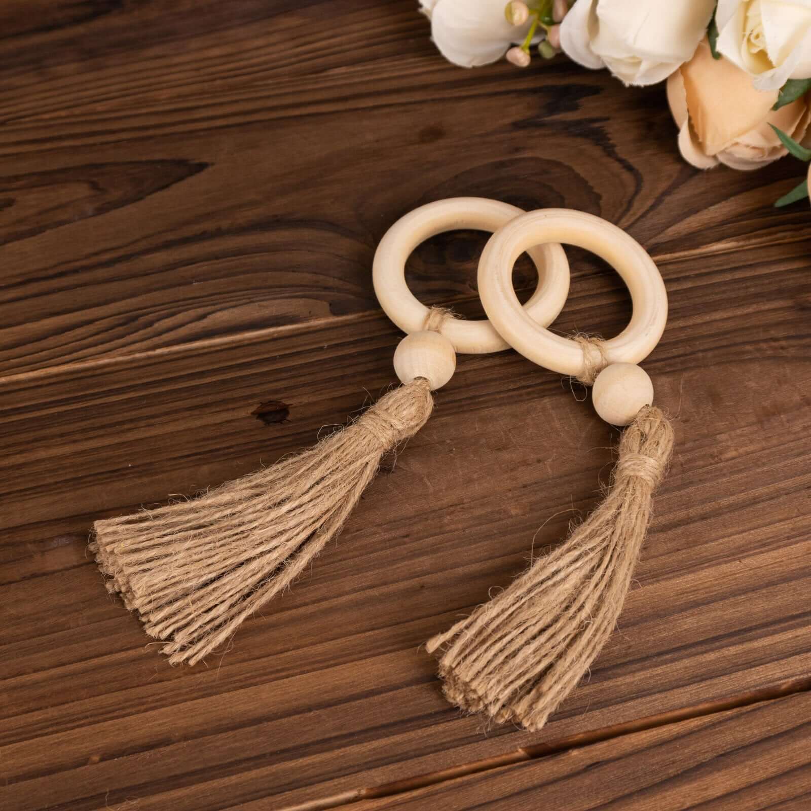 4-Pack Cream Wooden Napkin Rings with Jute Tassels - Rustic Boho Style