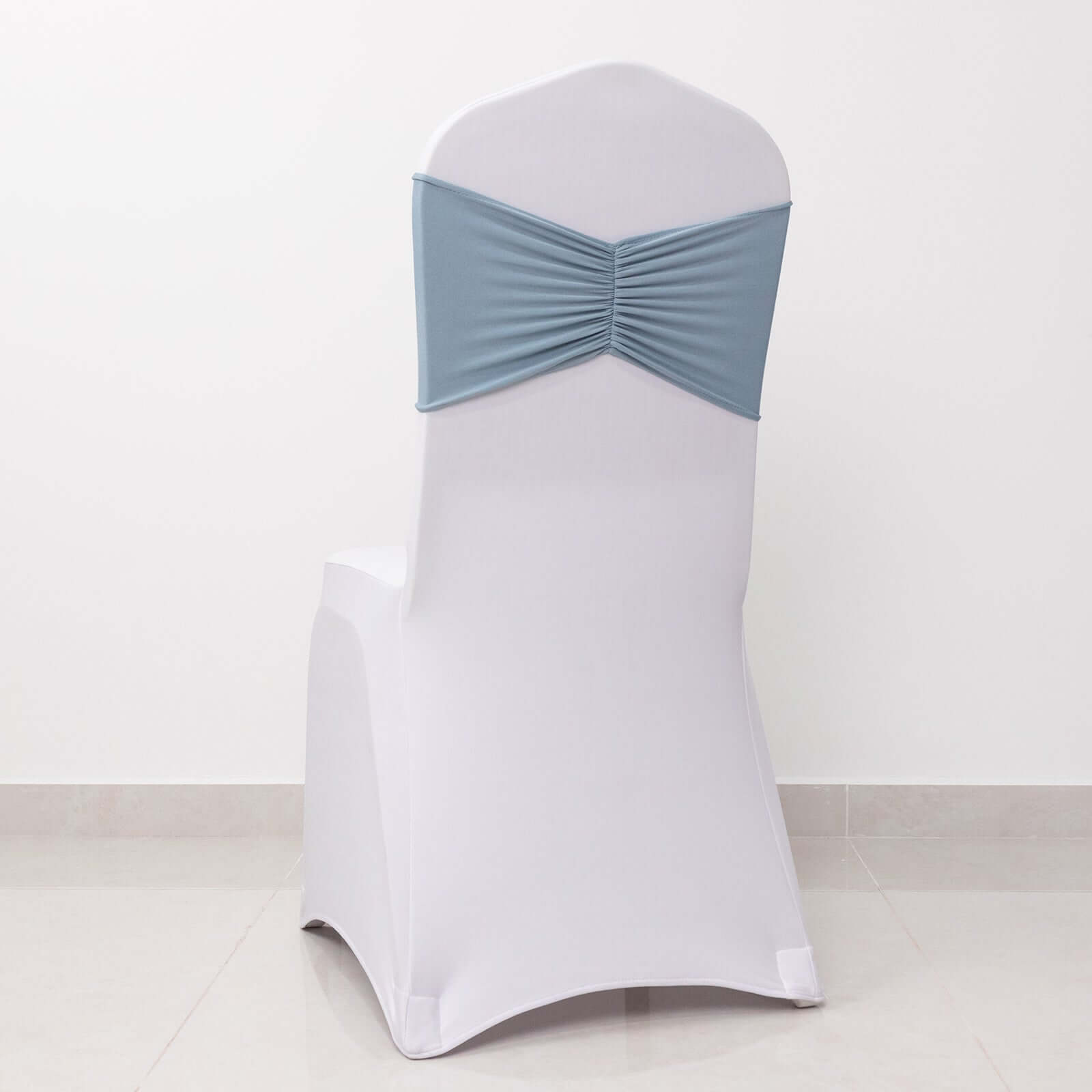 5-Pack Dusty Blue Ruffled Spandex Chair Sashes - Wide & Easy-to-Use Stretch Bands