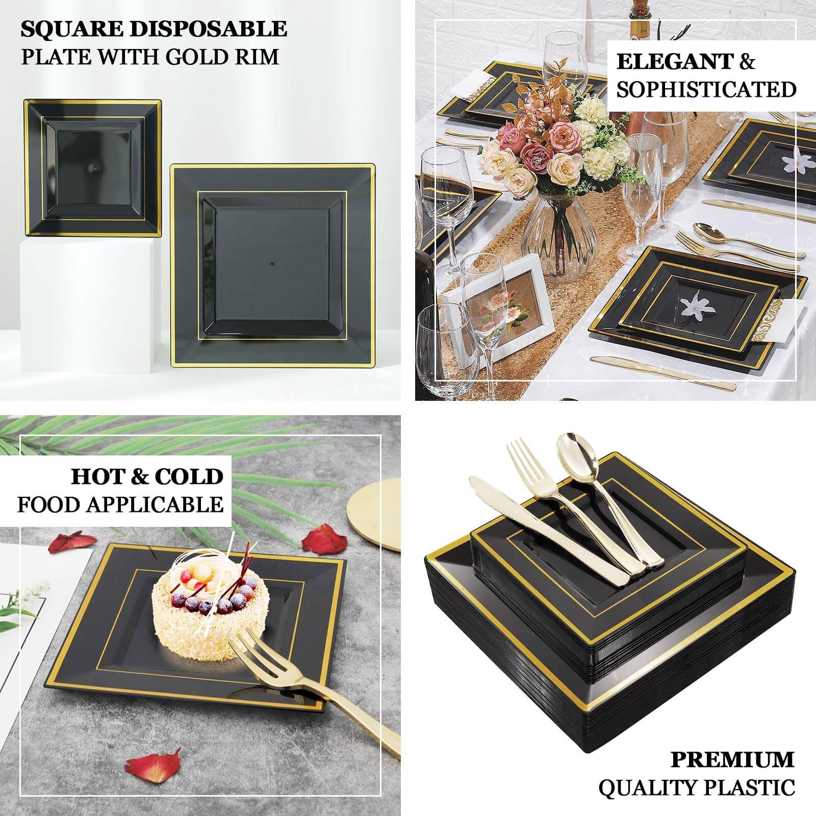 10-Piece Set of Lightweight Disposable Black Square Dinner Plates with Gold Trim