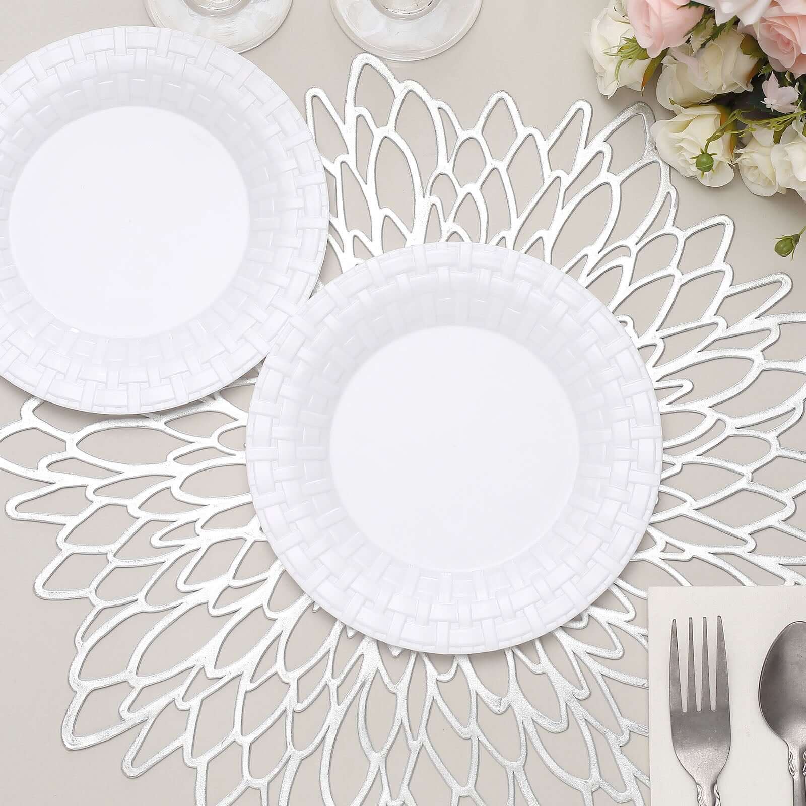 10-Piece Set of 7-Inch White Basketweave Rim Round Disposable Plastic Salad & Dessert Plates