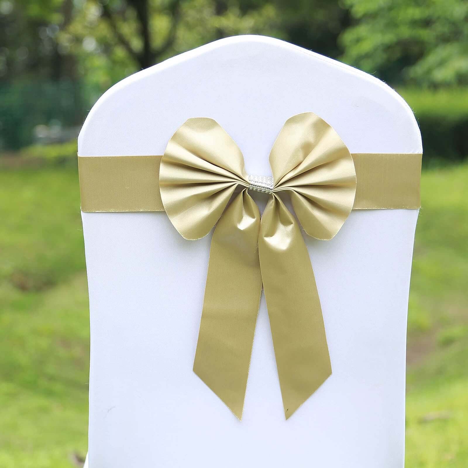 Set of 5 Durable Double-Sided Champagne Satin Faux Leather Chair Sashes with Diamond Rhinestone Buckles