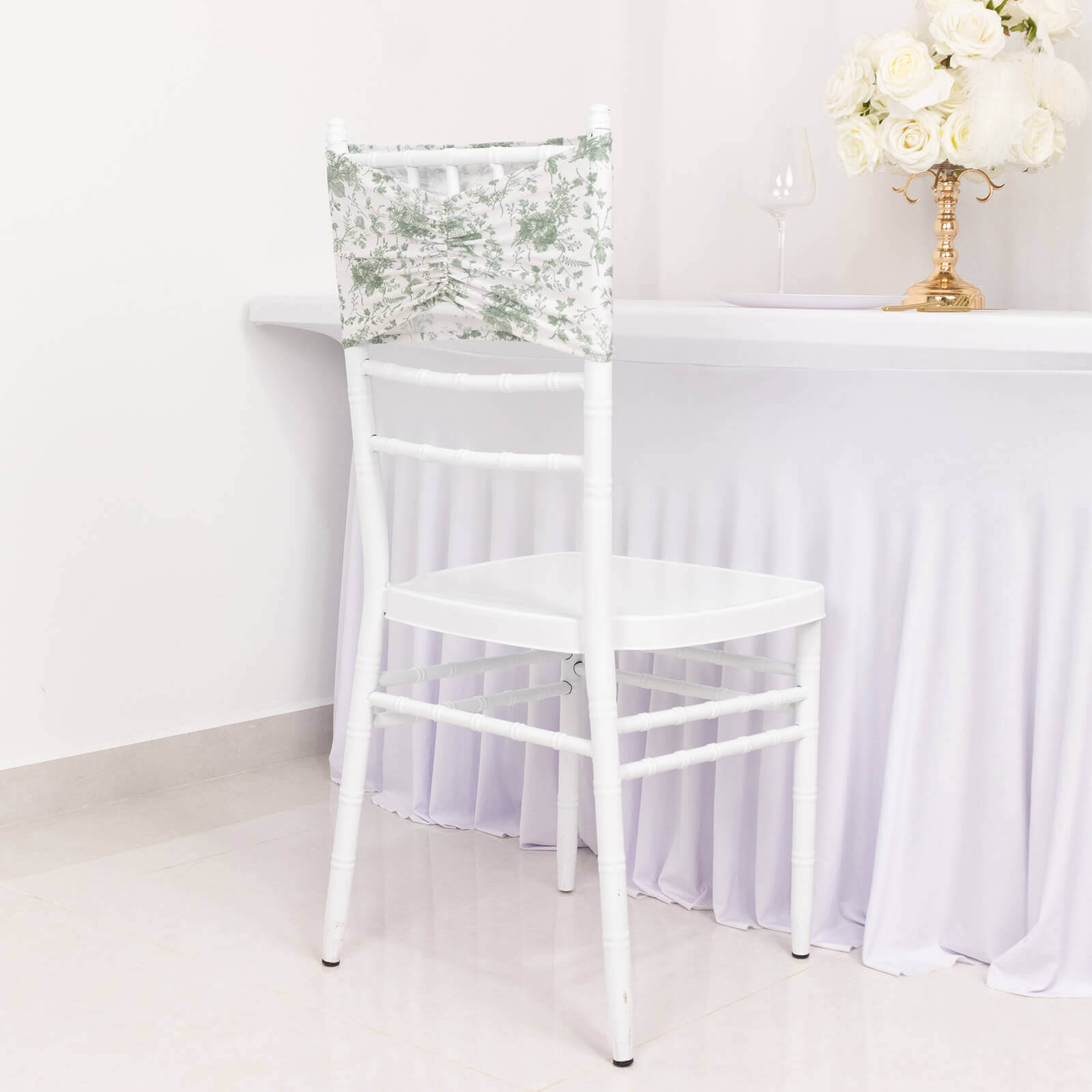 Hot Deal! 5-Pack Wrinkle-Free Spandex Chair Sashes in White and Dusty Sage Green with French Toile Floral Pattern