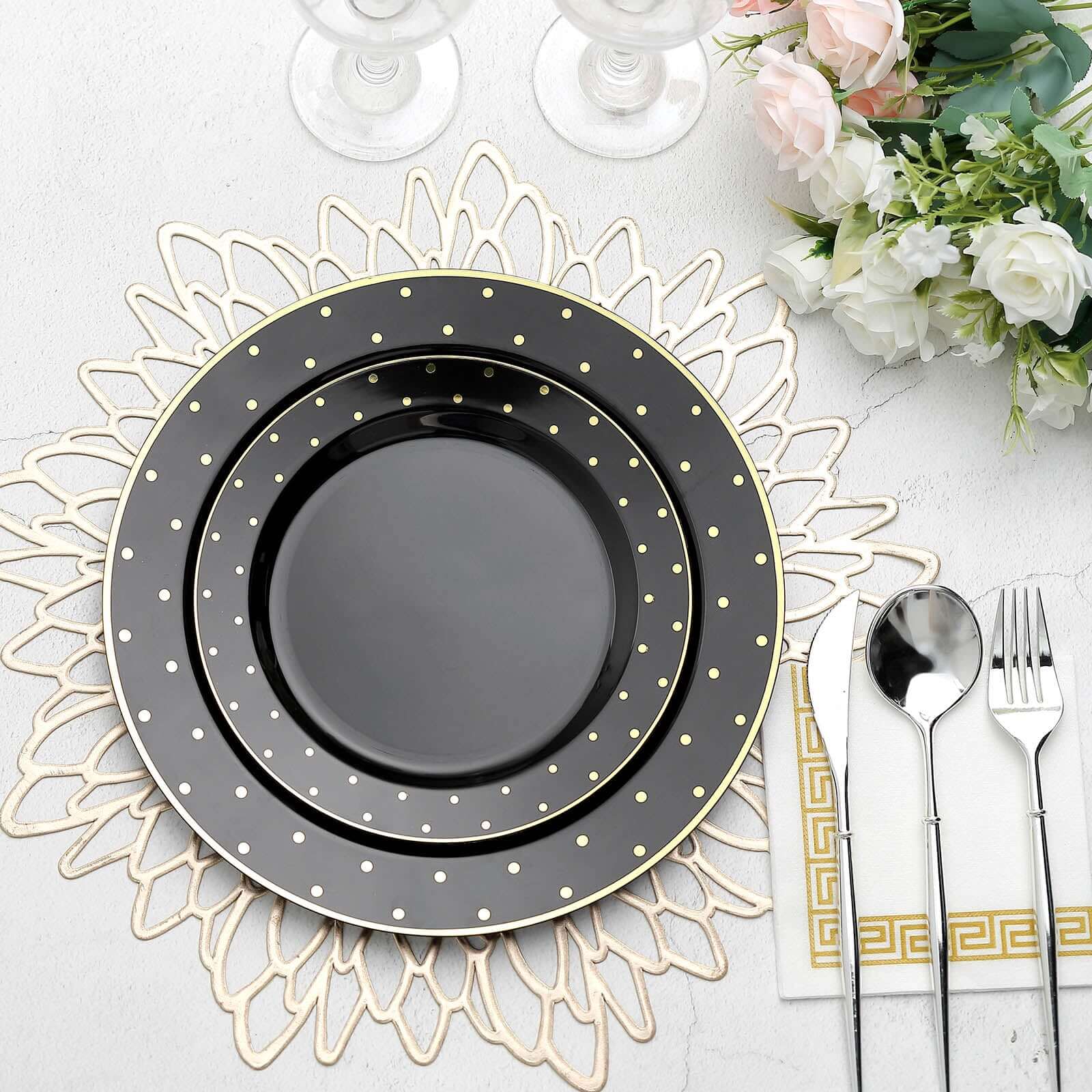 10-Piece Set of 7.5-Inch Black Plastic Dessert Plates with Gold Dot Rim, Disposable Salad Plates
