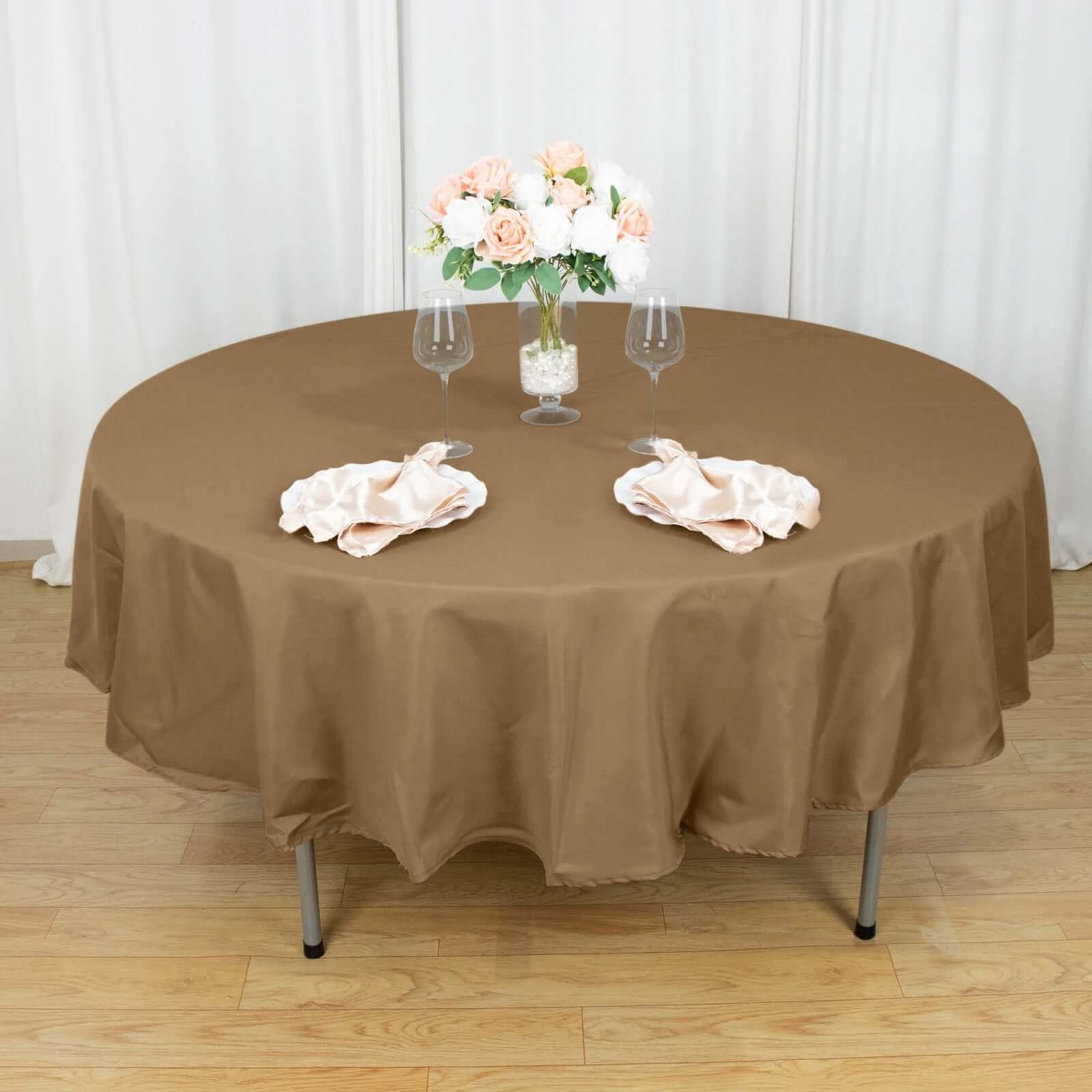 Taupe 90-Inch Polyester Round Tablecloth: Stain & Wrinkle-Resistant