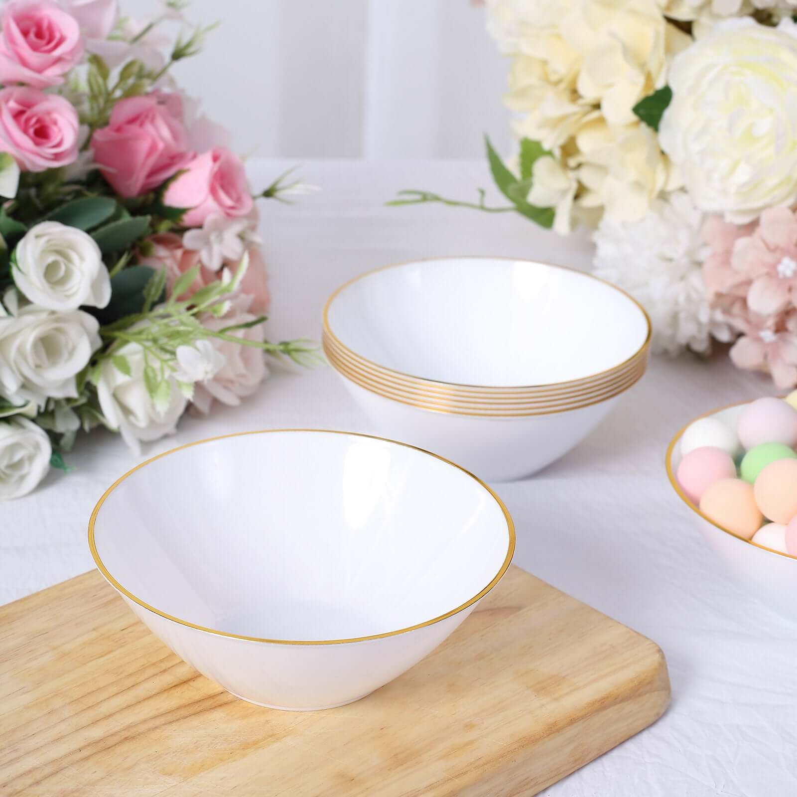 24-Pack 7oz Premium Heavy Duty Plastic Ice Cream Bowls - Glossy White with Gold Rim, Ideal for Events