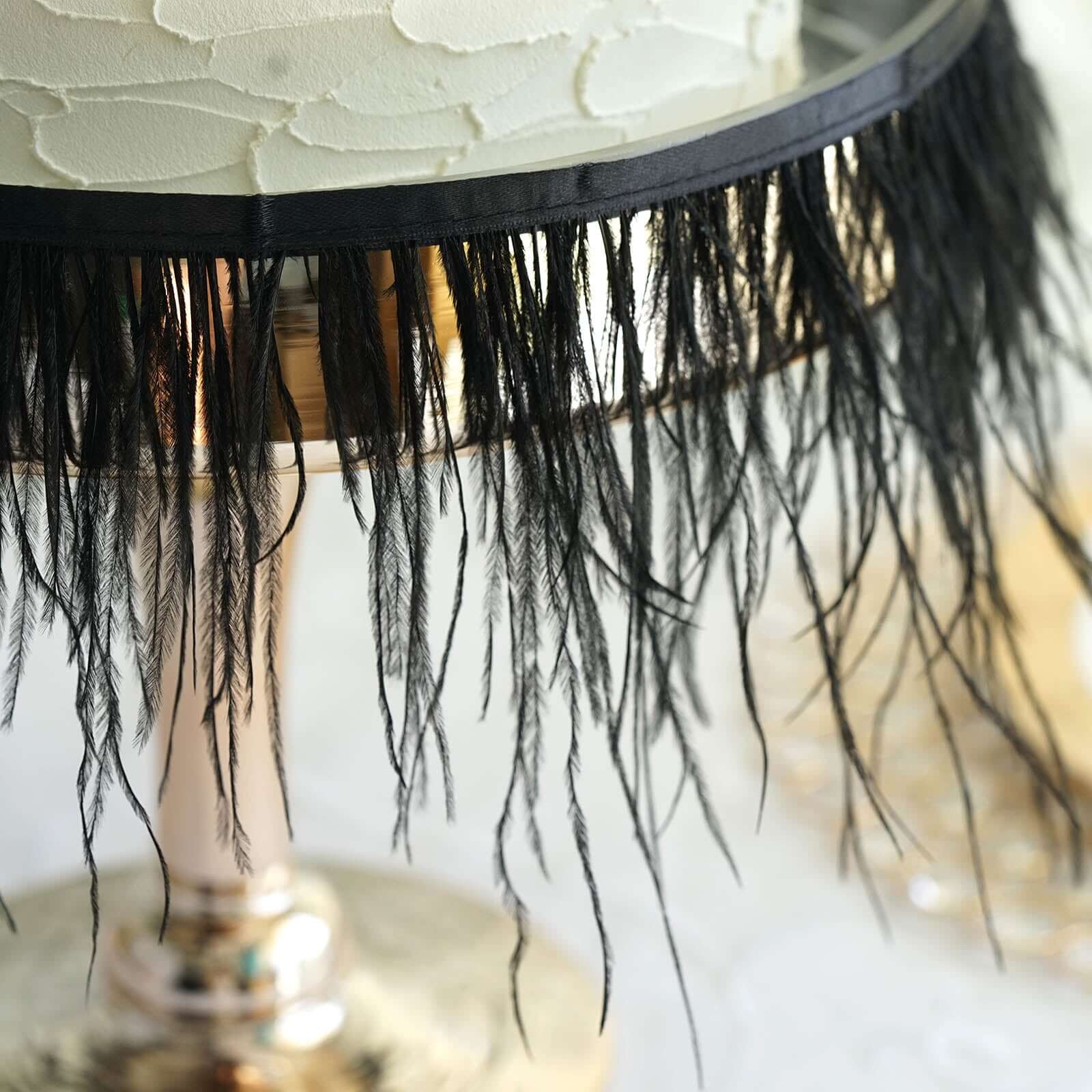 39" Black Real Ostrich Feather Fringe Trim with Satin Ribbon - Ideal for Decor