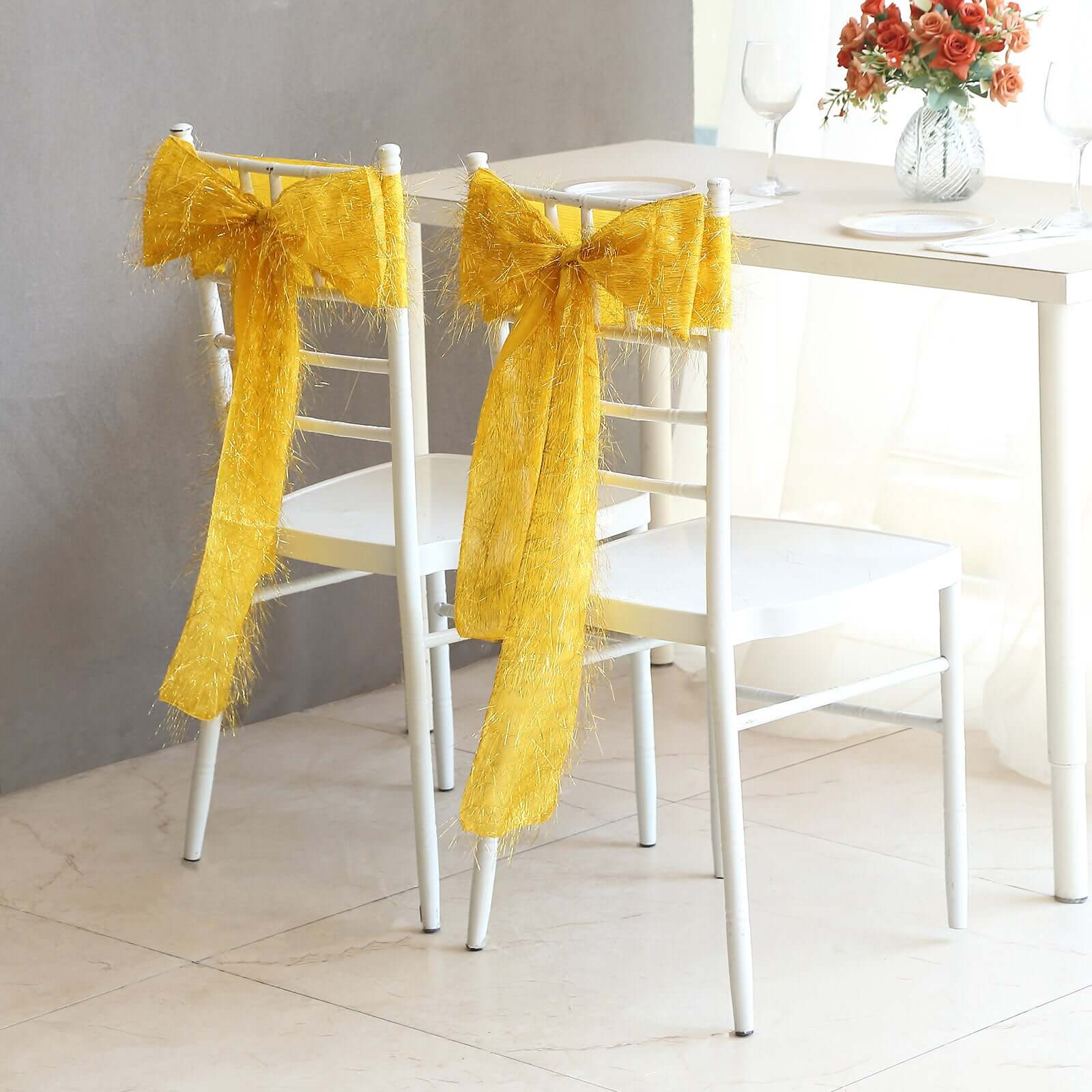 Hot Deal! 5-Pack Gold Metallic Tinsel Fringe Polyester Chair Sashes - Sparkly & Easy-to-Use