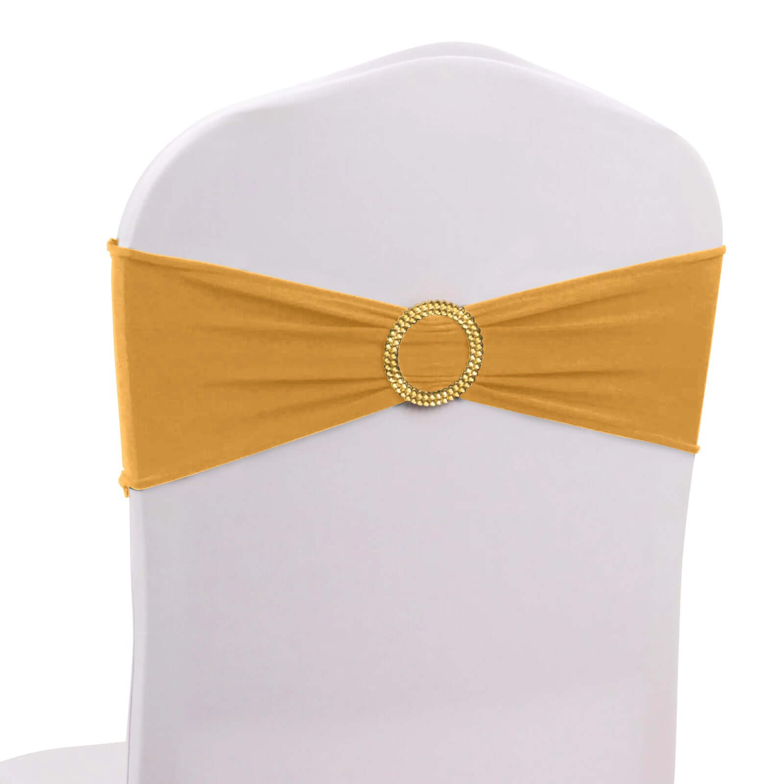 5-Piece Gold Spandex Chair Sashes with Sparkling Gold Rhinestone Buckles - Reusable 4-Way Stretch for Elegant Weddings and Parties