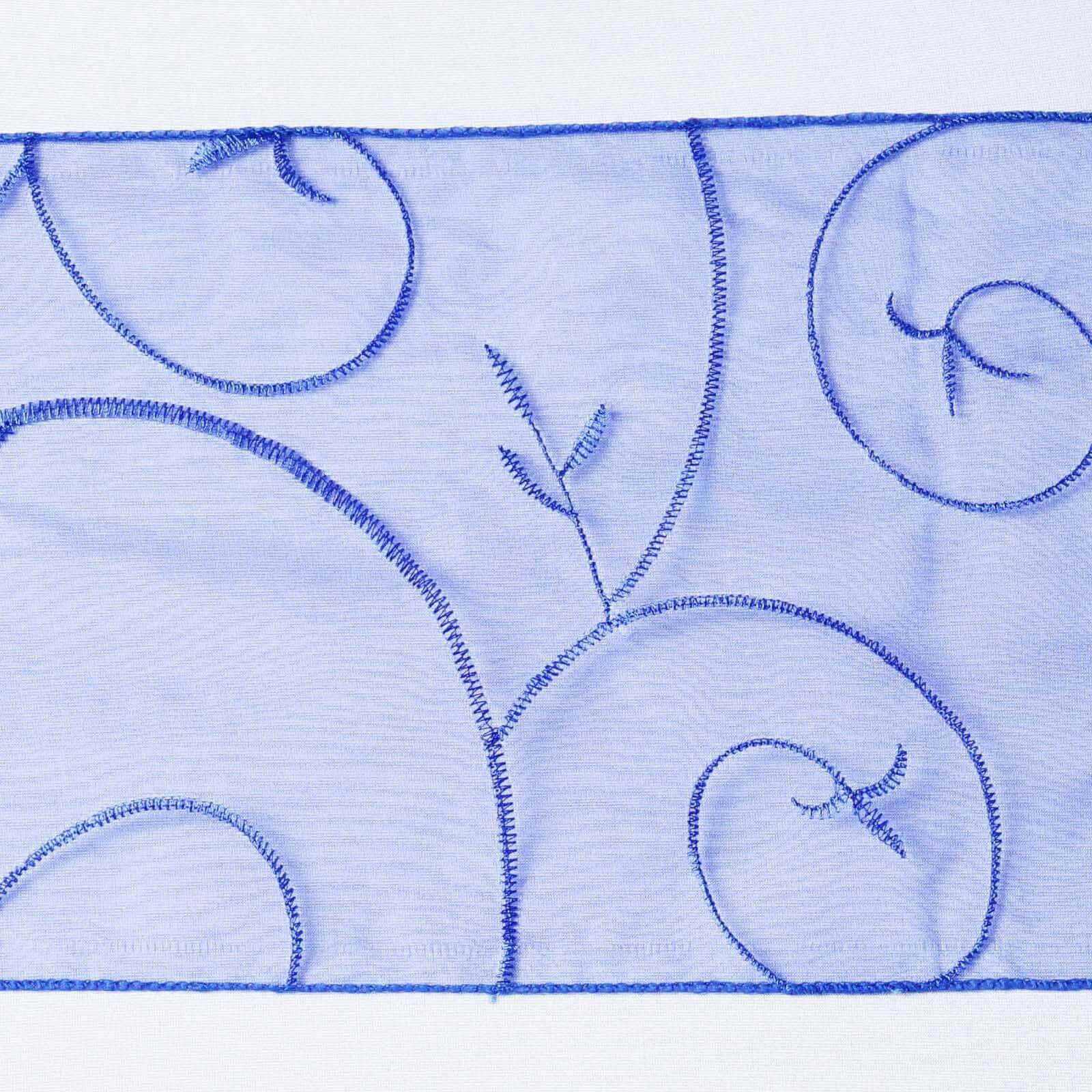 Get 5-Pack Royal Blue Organza Chair Sashes with Satin Leaf Embroidery - Reusable & Sheer 7x108