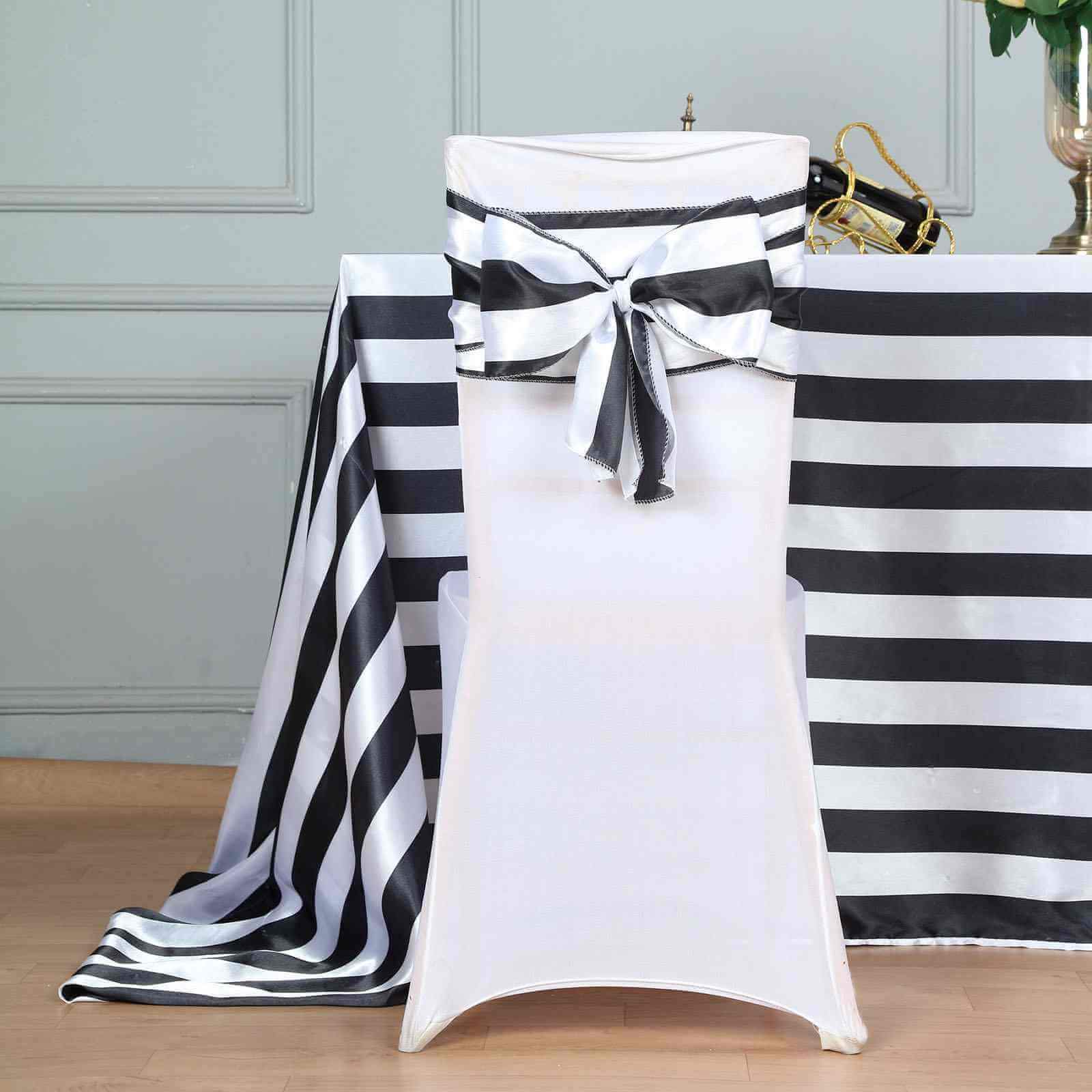 5-Pack Satin Chair Sashes in Black/White Stripes - Ideal Decor for Weddings and Gatherings