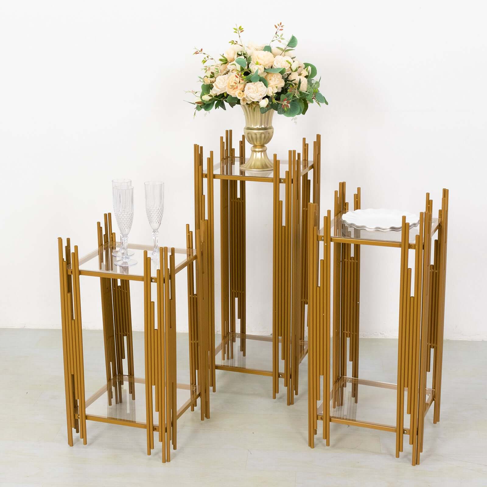 Hot Deal! Set of 3 Gold Metal Wedding Pedestal Stands with Square Acrylic Plates