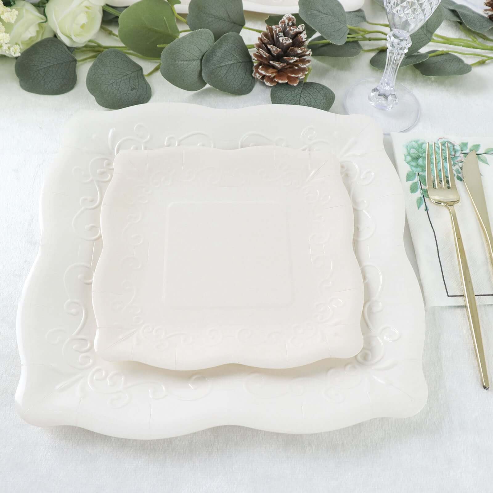 25-Pack White Square 7-Inch Disposable Dessert Plates with Vintage Pottery Embossed Design - Ideal for Special Events