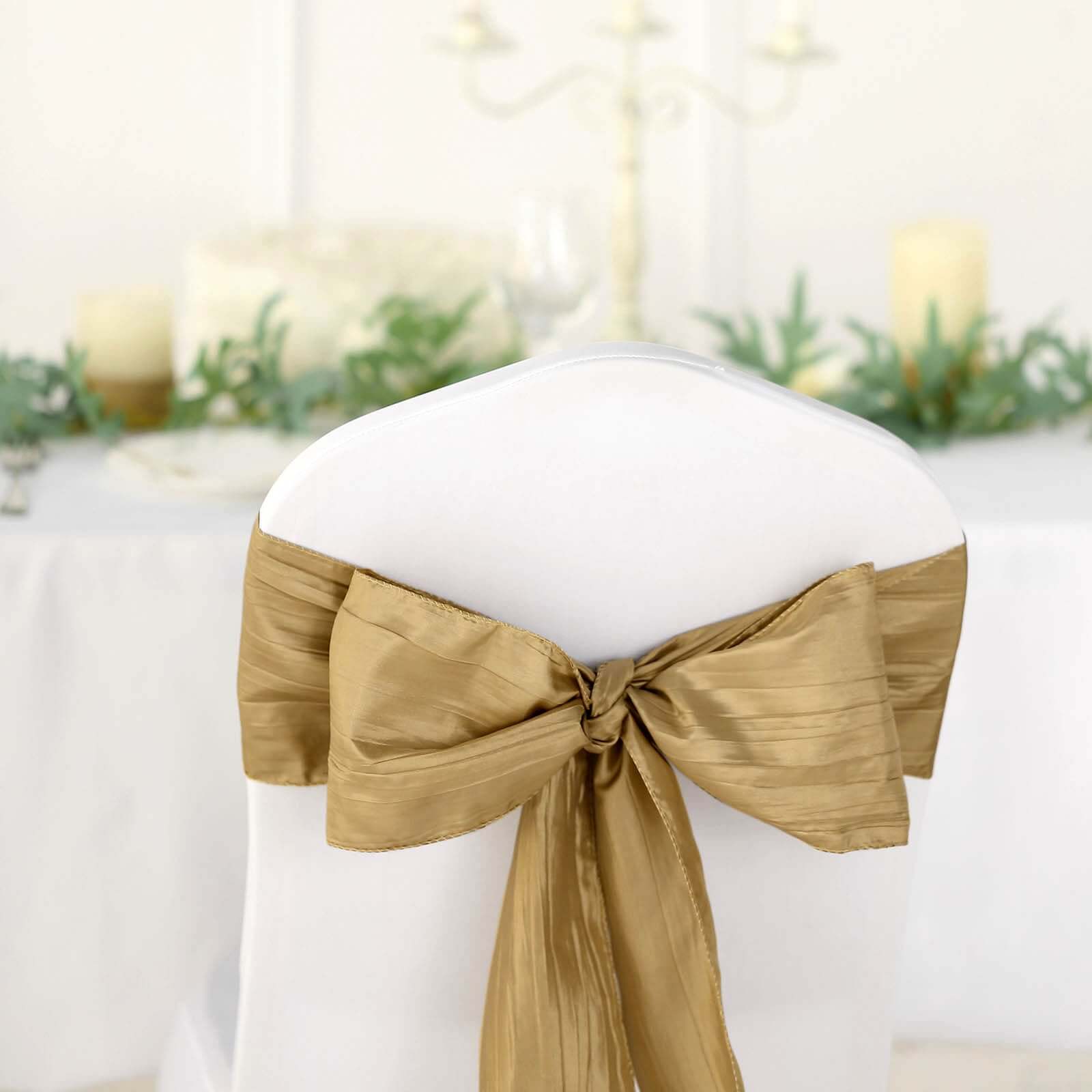 Gold Taffeta Chair Sashes - 5 Pack for Weddings & Events, Accordion Crinkle Style
