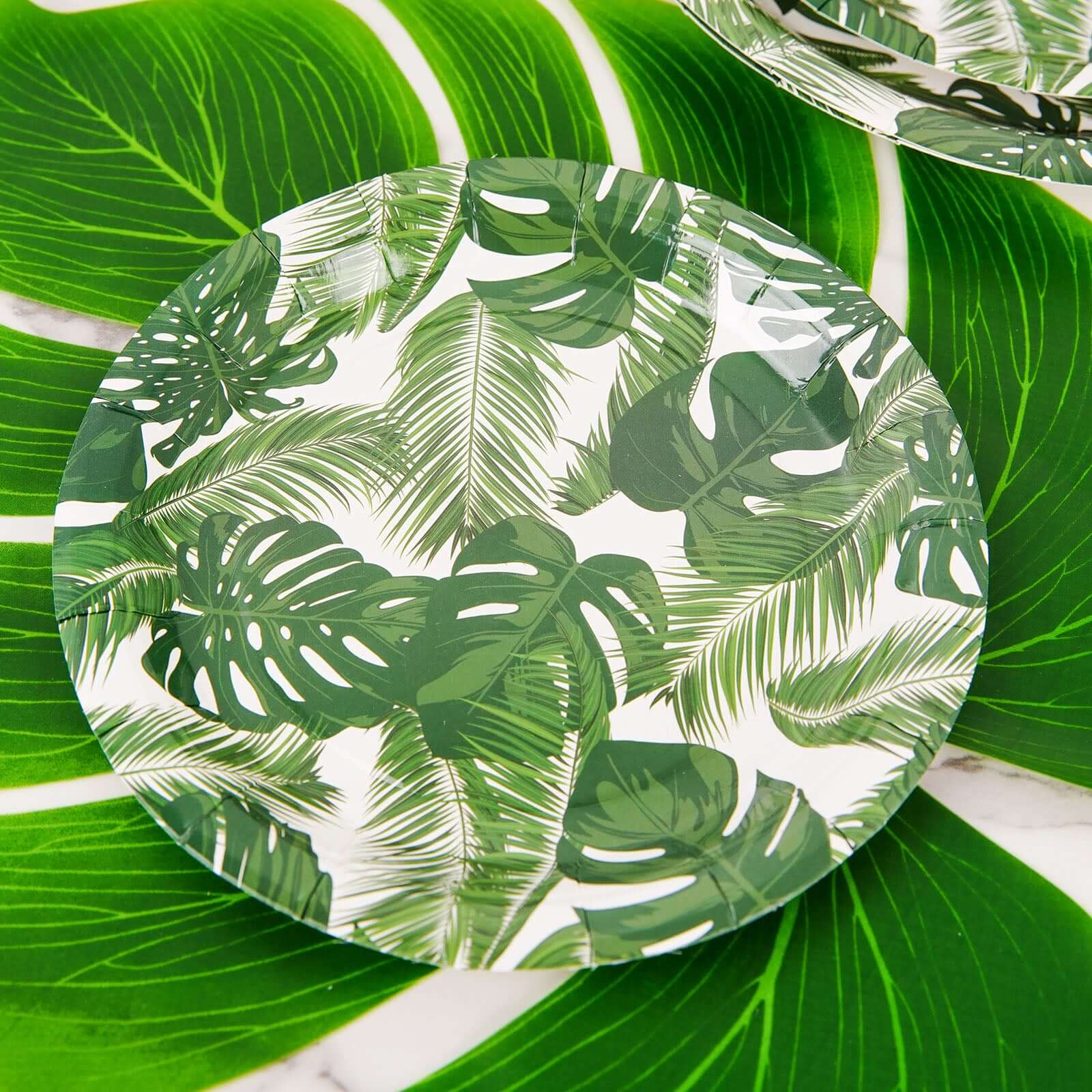 25-Pack Disposable 7-Inch White Paper Dessert Plates with Tropical Palm Leaf Design for Boho & Jungle Themed Parties