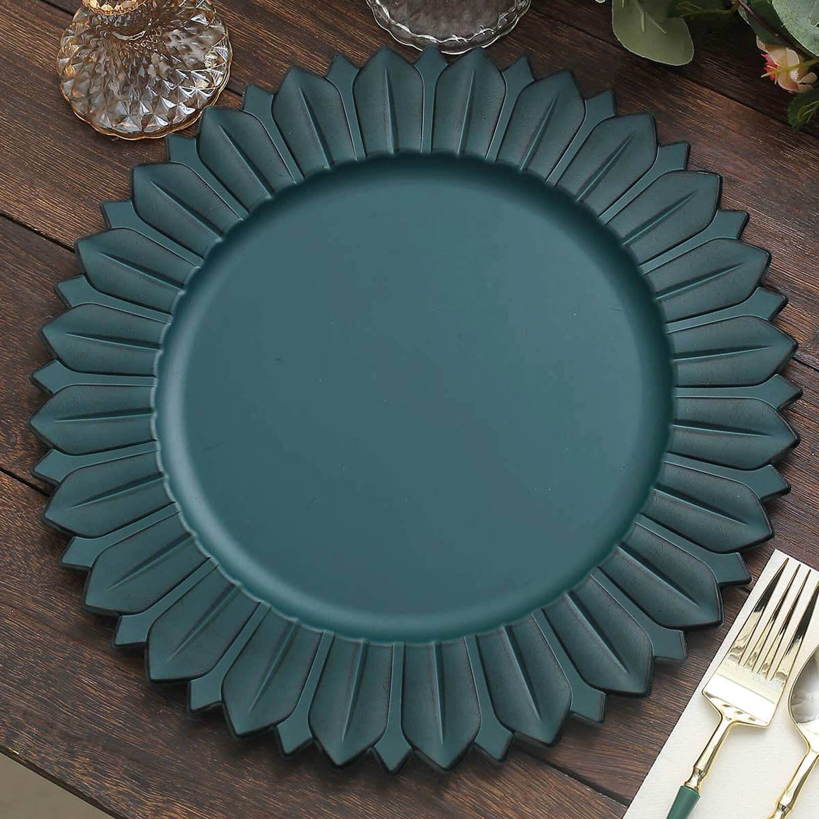 6-Piece Set of 13-Inch Matte Teal Plastic Round Charger Plates with Sunflower Rim