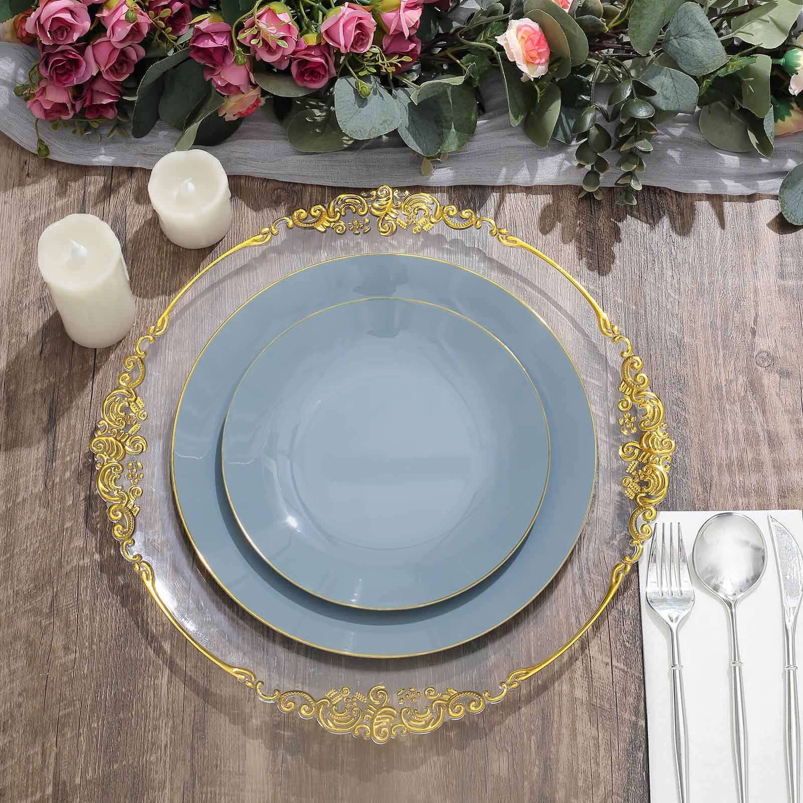 10-Piece Set of Disposable Round Dinner Plates in Dusty Blue with Gold Rim