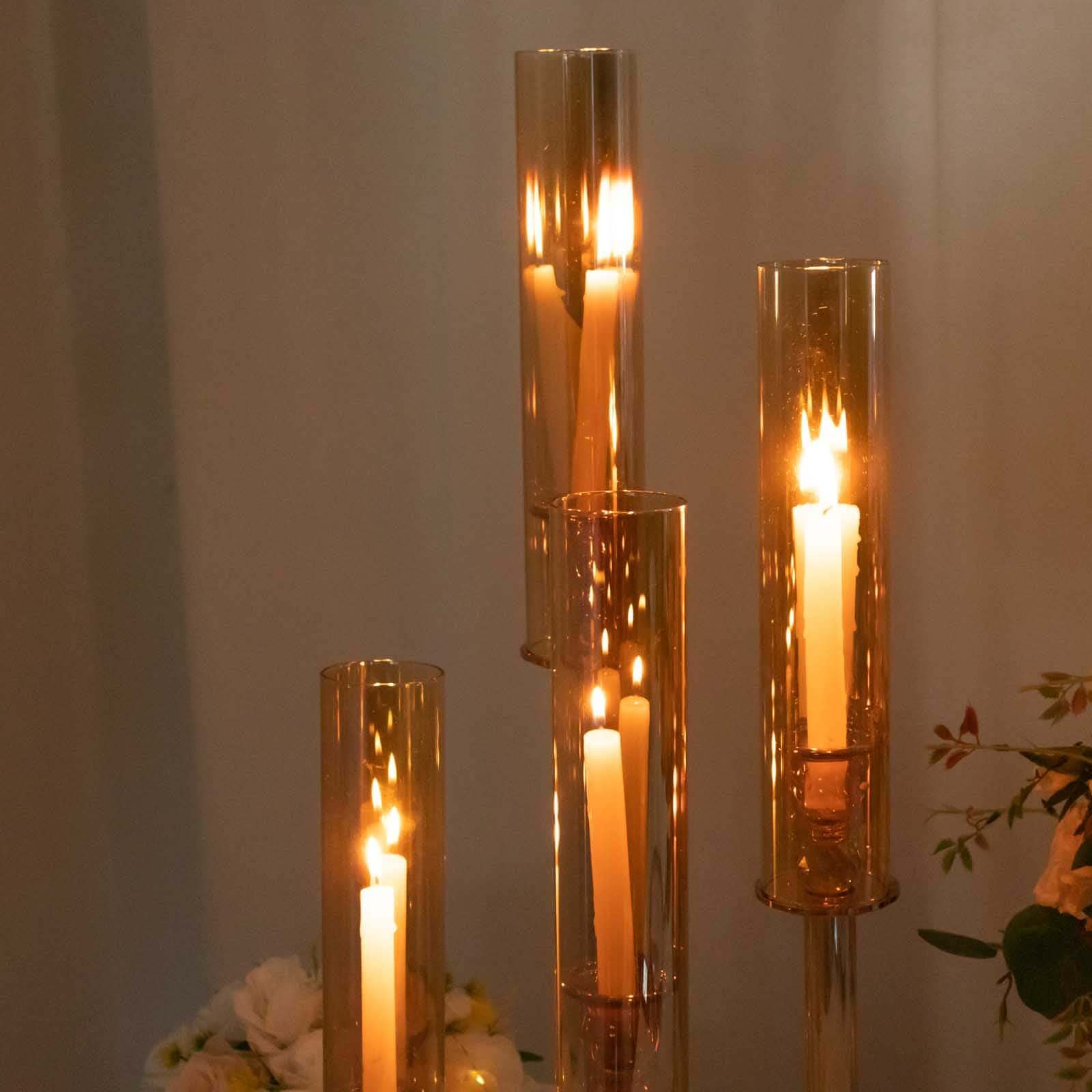 4-Piece Set of Gold Crystal Glass Hurricane Taper Candle Holders - Assorted Sizes