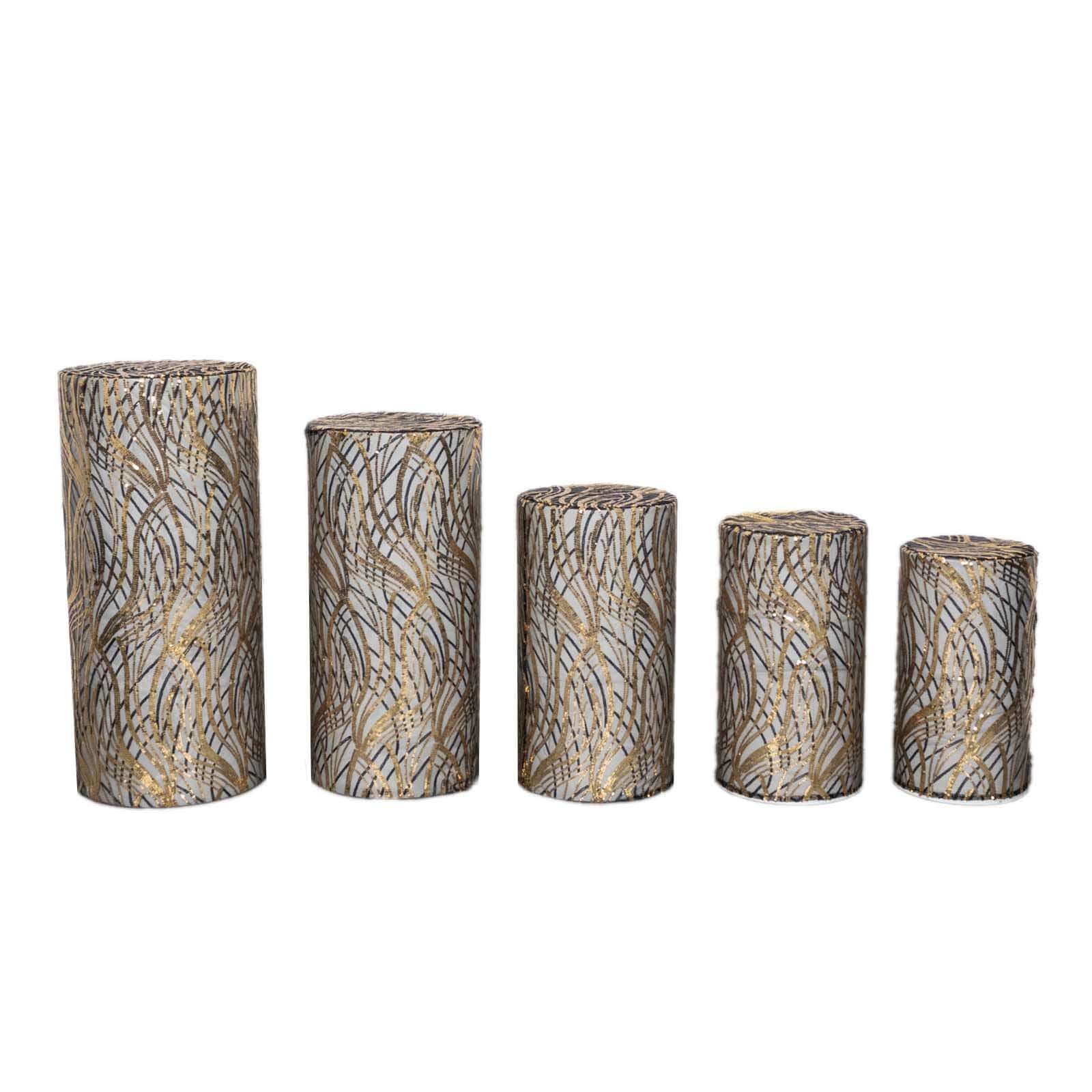 Hot! Set of 5 Embroidered Sequin Black Wave Mesh Cylinder Pedestal Stand Covers