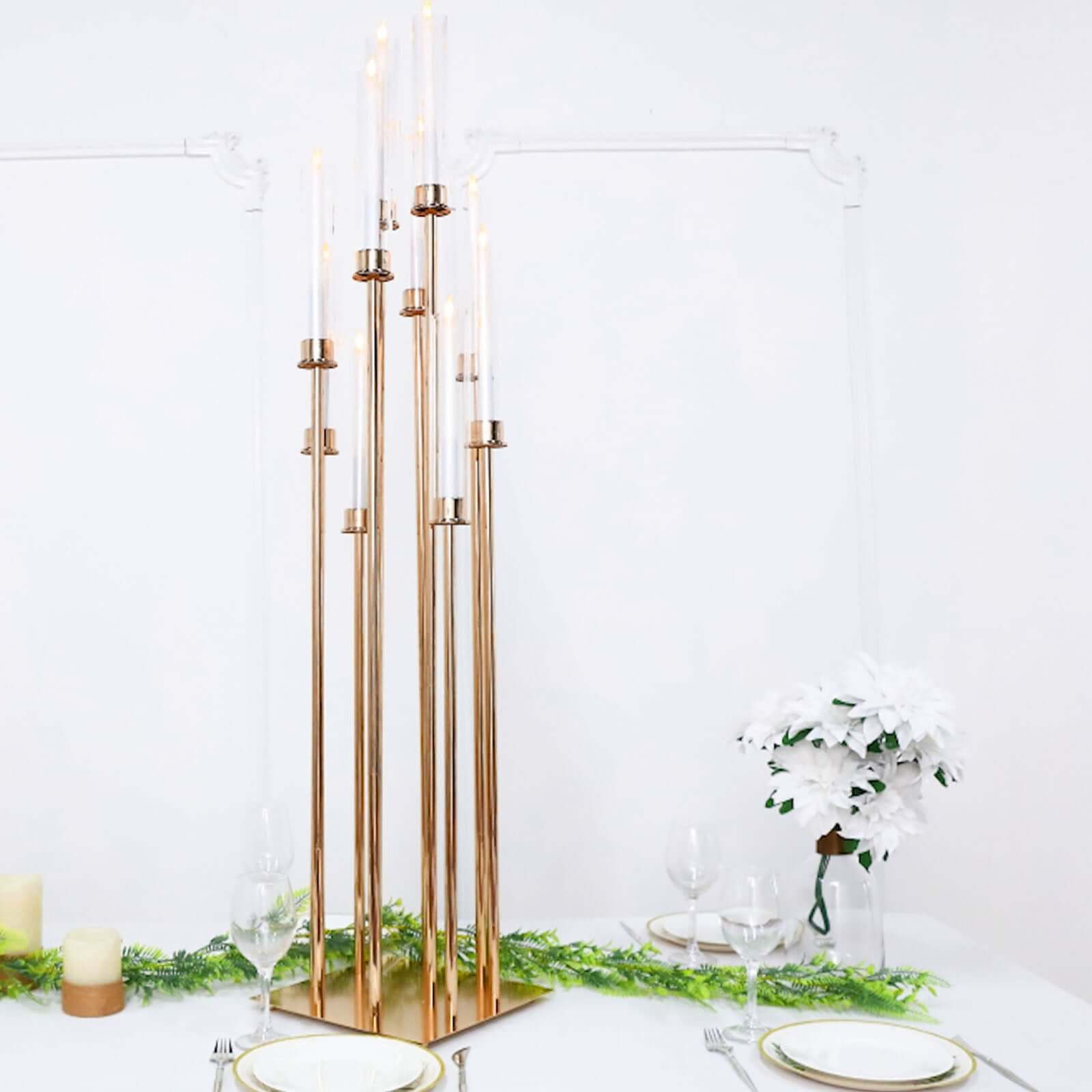 Stylish 10-Arm Gold Cluster Taper Candle Holder with Clear Glass Shades for Gatherings