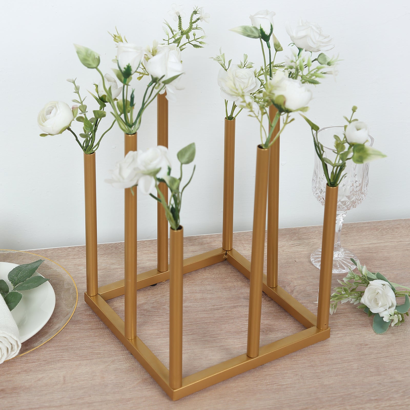 Single Stem Gold Metal Minimalist 8-Tube Flower Vase with Square Base, 10-Inch Tall
