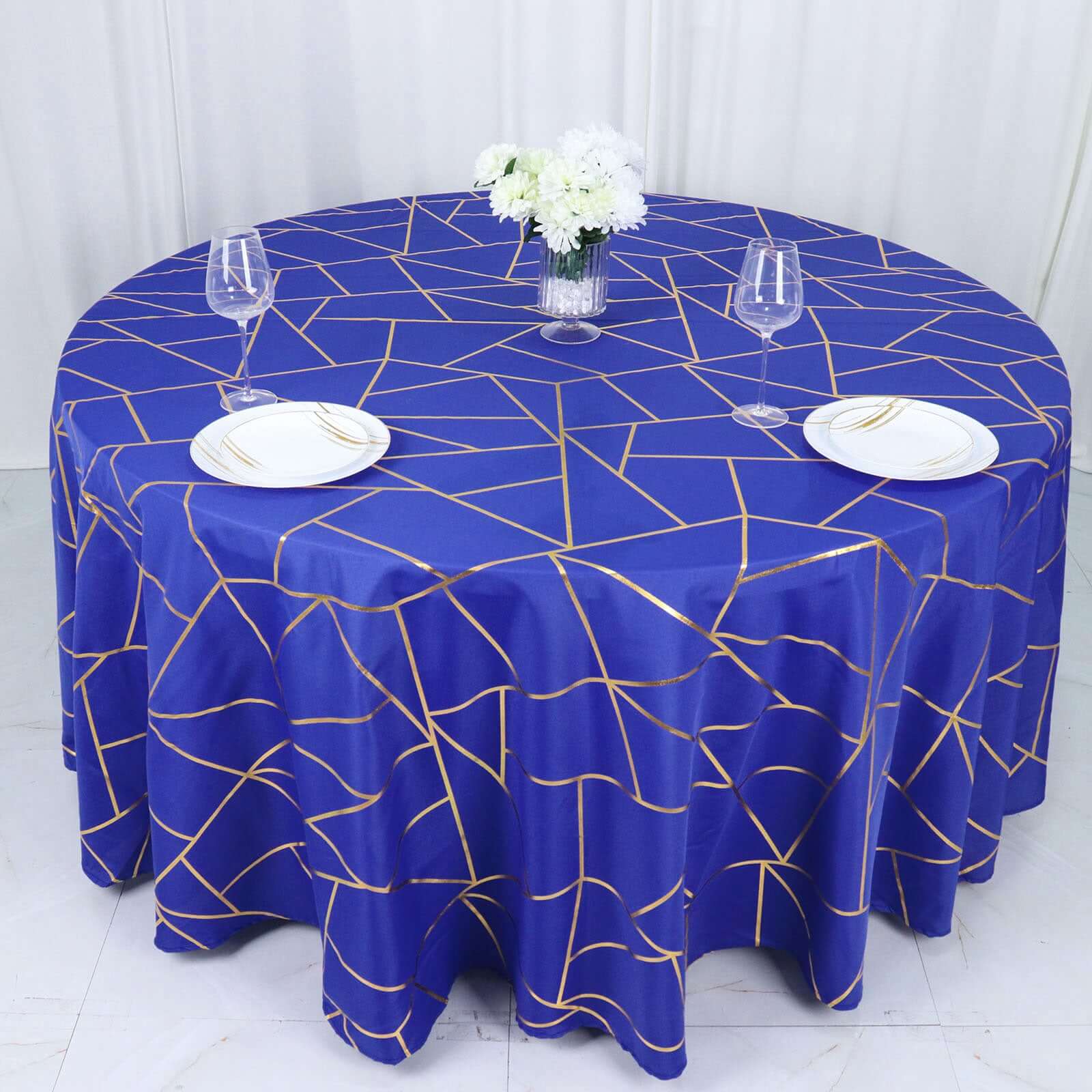 Wrinkle-Resistant Seamless Royal Blue Polyester Round Tablecloth with Gold Foil Geometric Design, 120' Dia.
