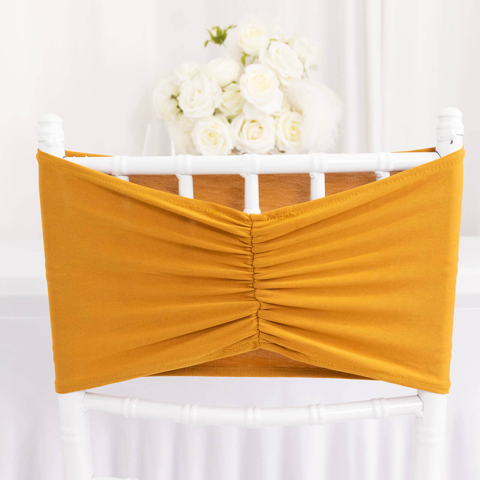 Special Offer! 5-Pack Gold Ruffled Spandex Chair Sashes - Wide Stretch Bands for Elegant Wedding and Event Decor
