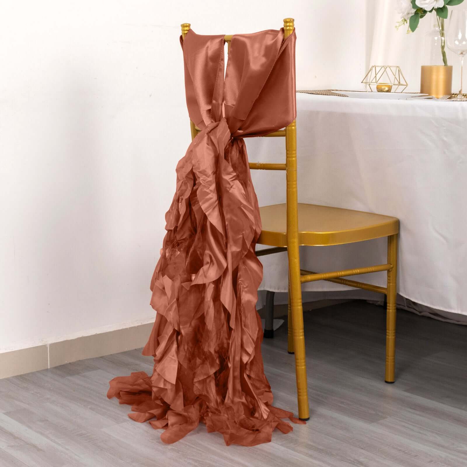 5-Pack Terracotta (Rust) Chiffon Satin Curly Willow Chair Sashes - Easy Install