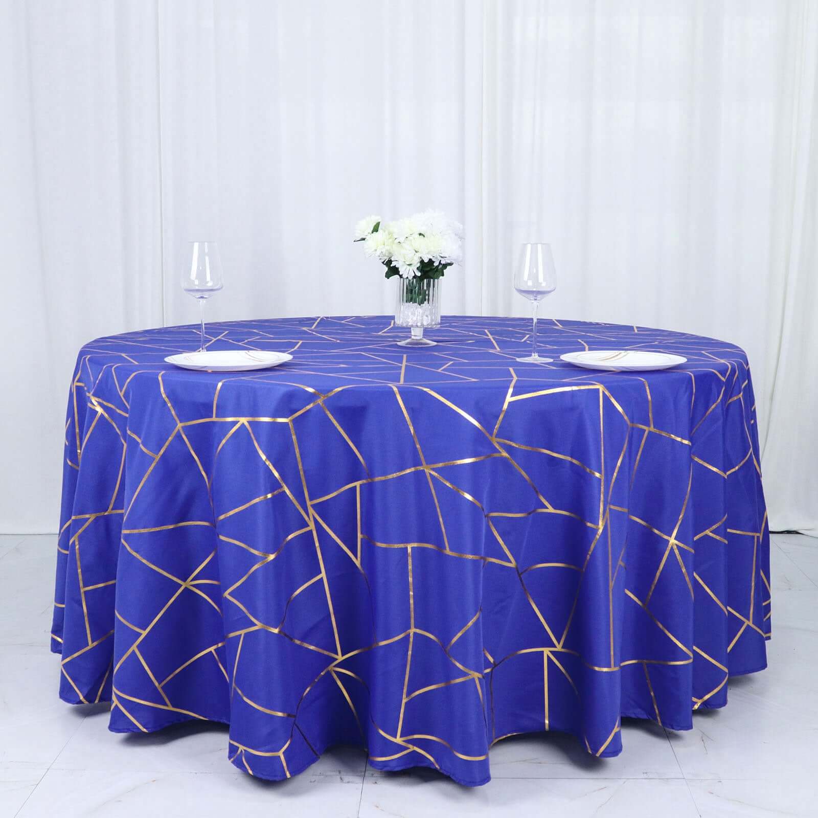 Wrinkle-Resistant Seamless Royal Blue Polyester Round Tablecloth with Gold Foil Geometric Design, 120' Dia.