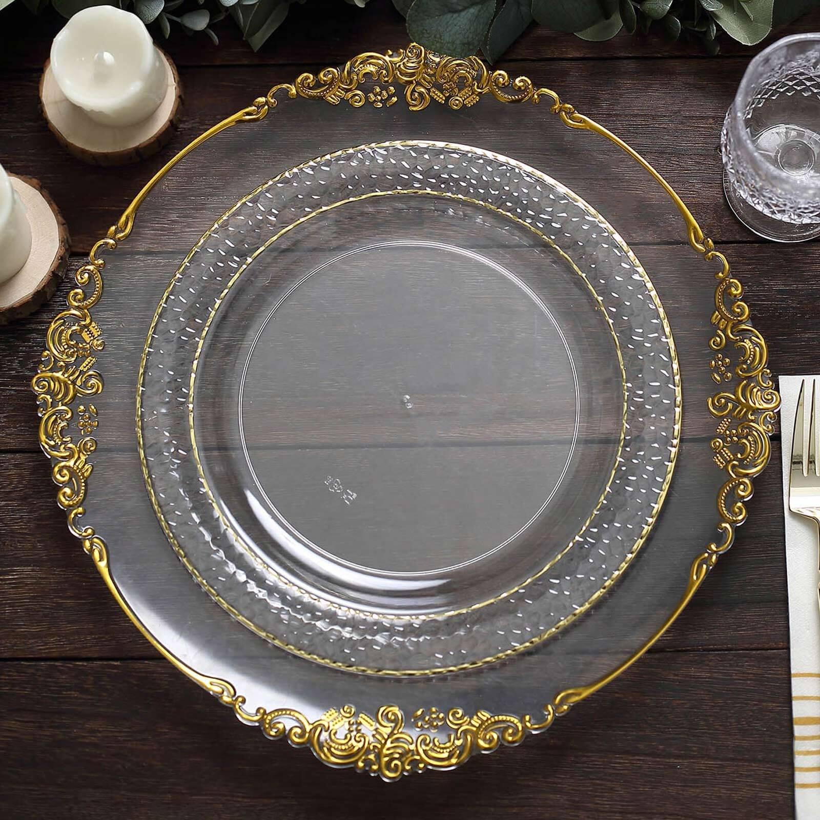 Special Offer! 10-Pack Disposable Round Plastic Dinner Plates with Clear Hammered Design and Gold Rim for Chic Events