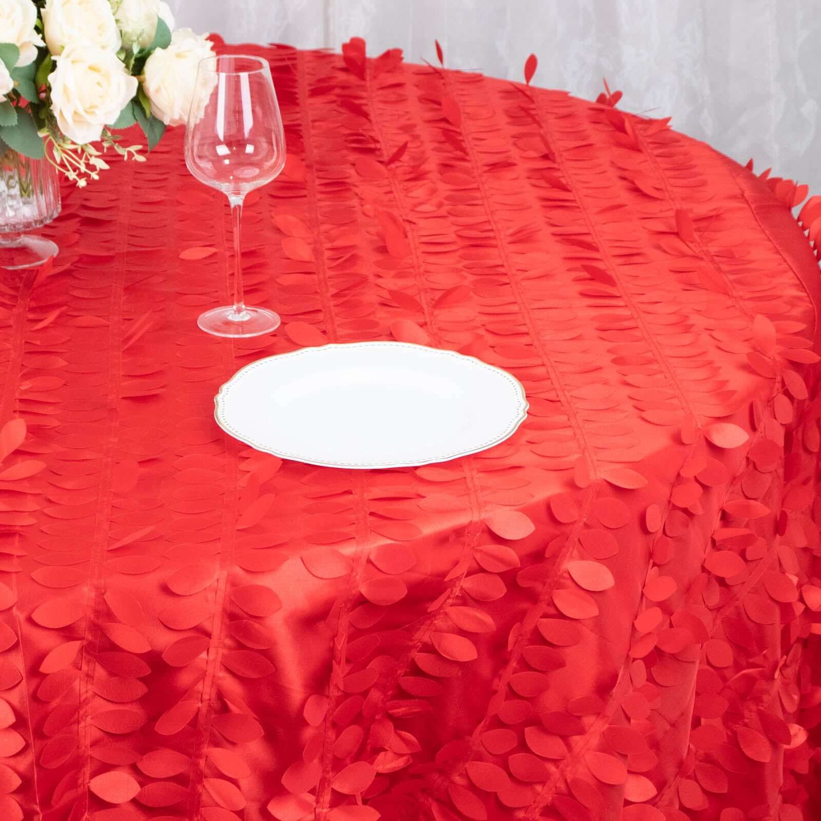 Hot Sale! Red 132-Inch Round Taffeta Tablecloth with 3D Leaf Petal Design
