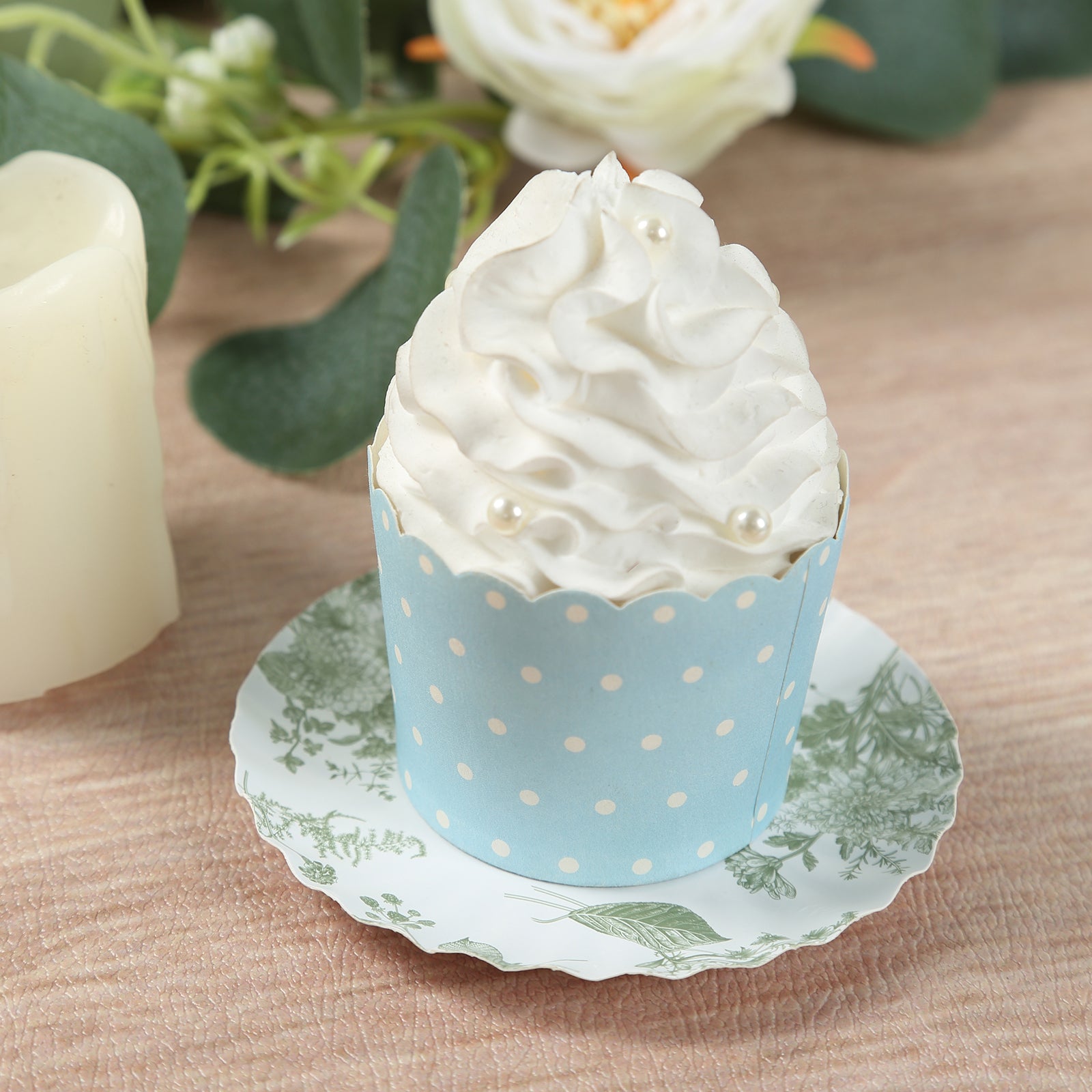 100-Pack Disposable White & Sage Green French Toile Mini Round Dessert Plates for Party