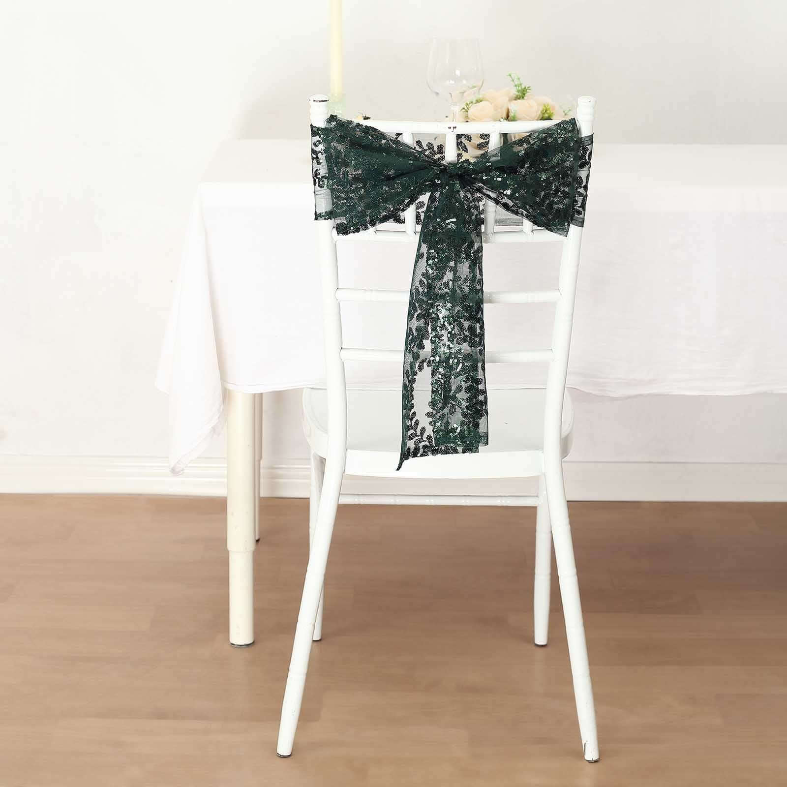 Hot Deal! 5-Pack Hunter Emerald Green Tulle Chair Sashes with Leaf Vine Sequins, 6x88