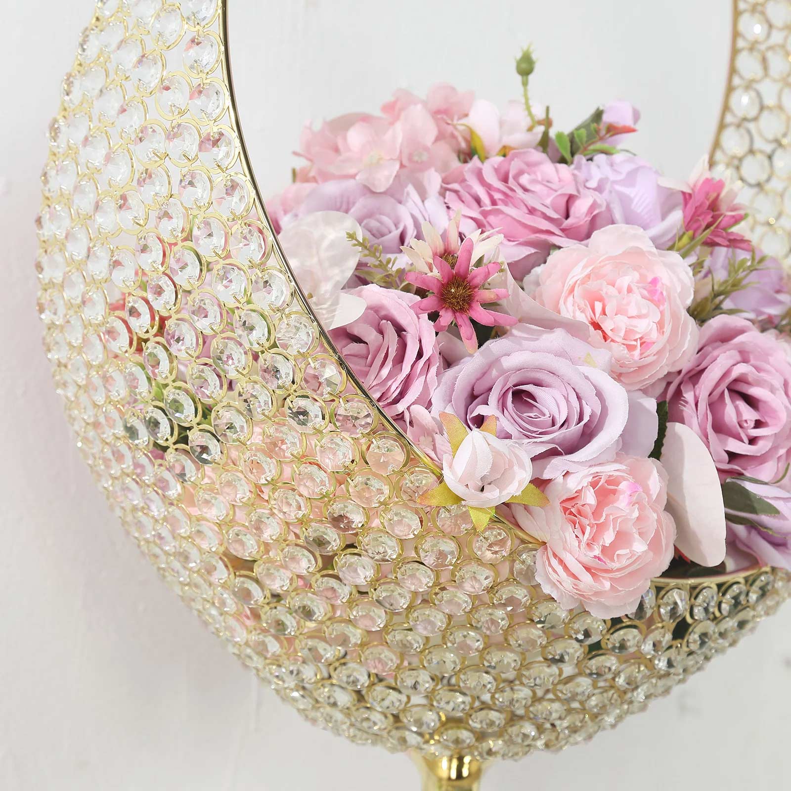 Promo! 4.5ft Tall Gold Metal Crystal Beaded Candle Holder Stand, Half Moon Basket Design for Wedding Centerpiece