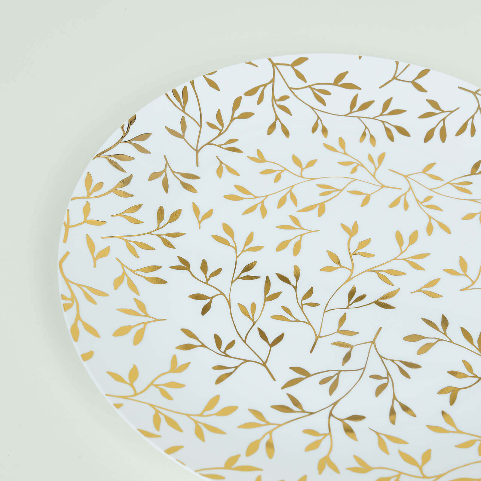 10-Pack Heavy Duty Disposable White Plastic Dinner Plates with Gold Leaf Design - Ideal for Stylish Events