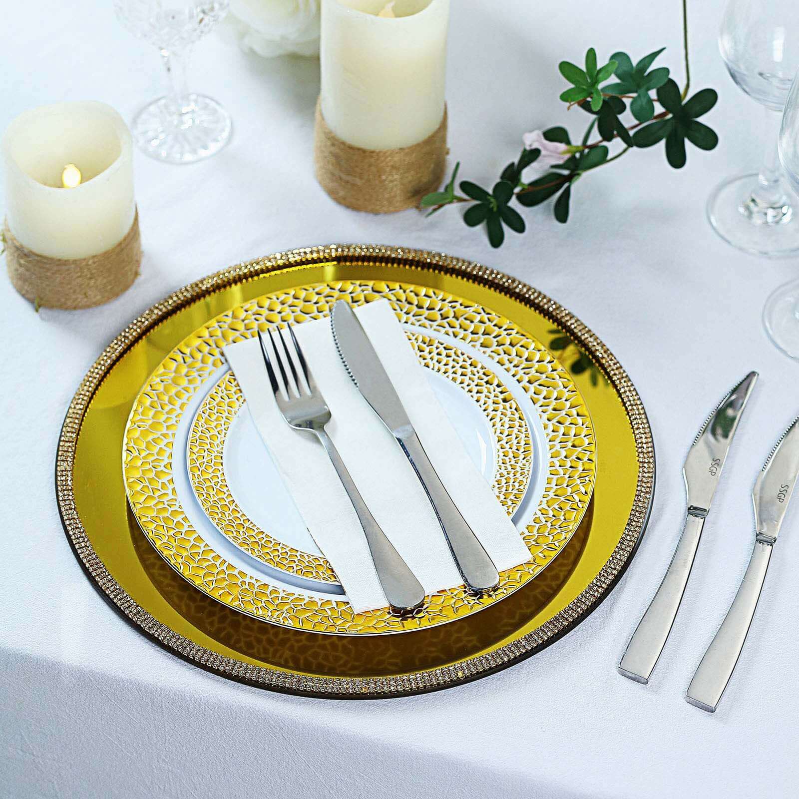 Hot Sale! 2-Pack 13-Inch Round Glass Charger Plates with Metallic Gold Mirror Rhinestone Rim for Decor