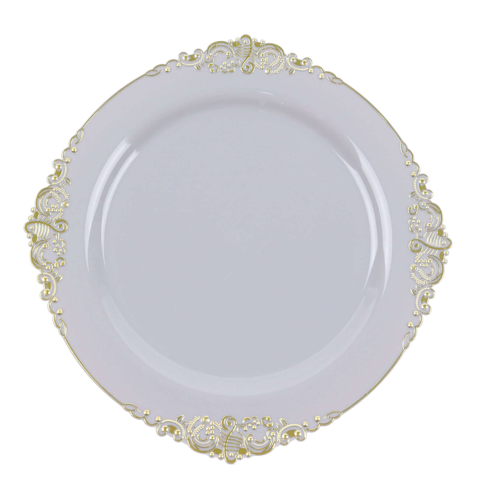 10-Pack Disposable Gray Plastic Round Dessert Plates with Gold Leaf Embossed Rim, Baroque Style