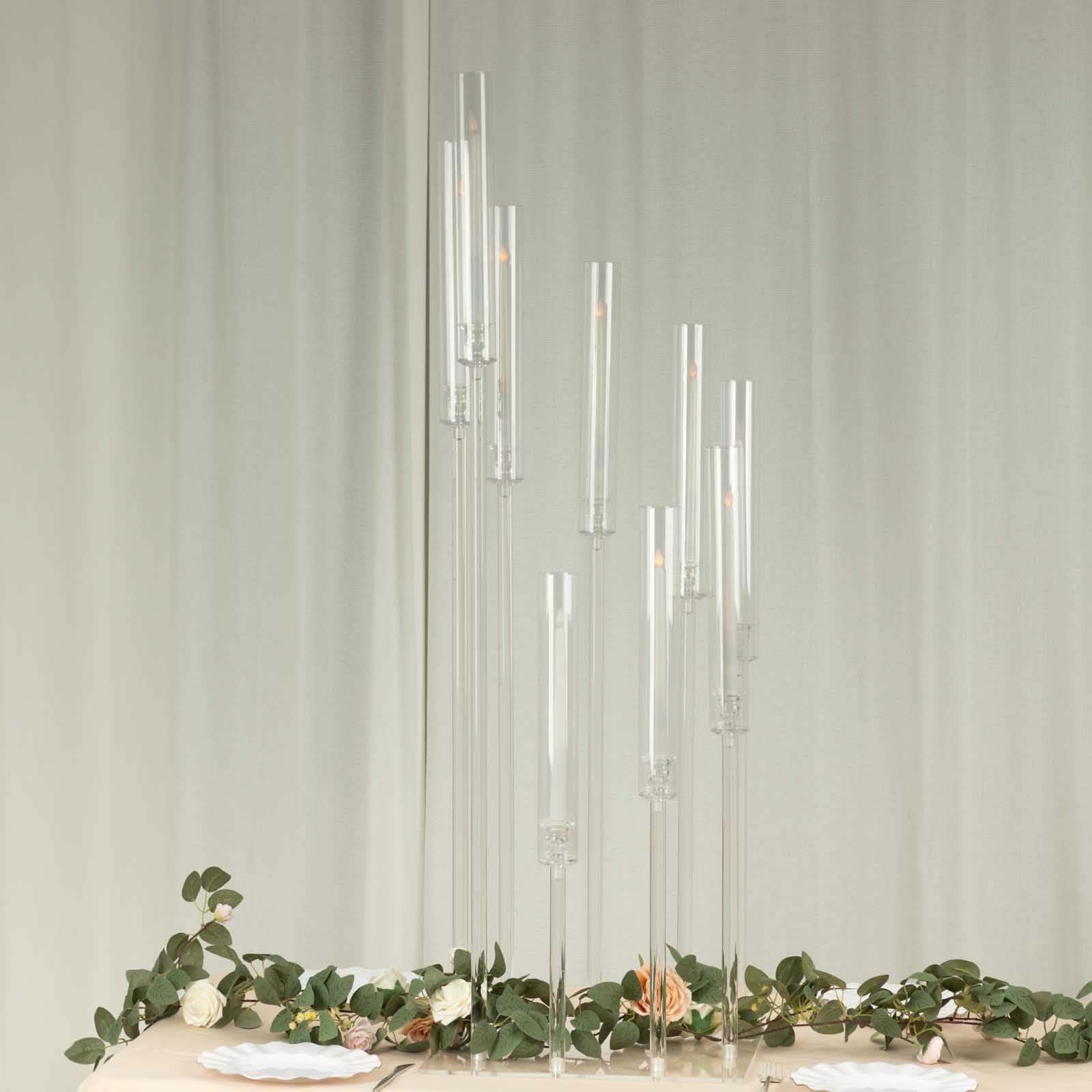 4ft Clear 9-Arm Cluster Acrylic Candelabra with Square Base - Elegant Table Centerpiece for Pillar Candles