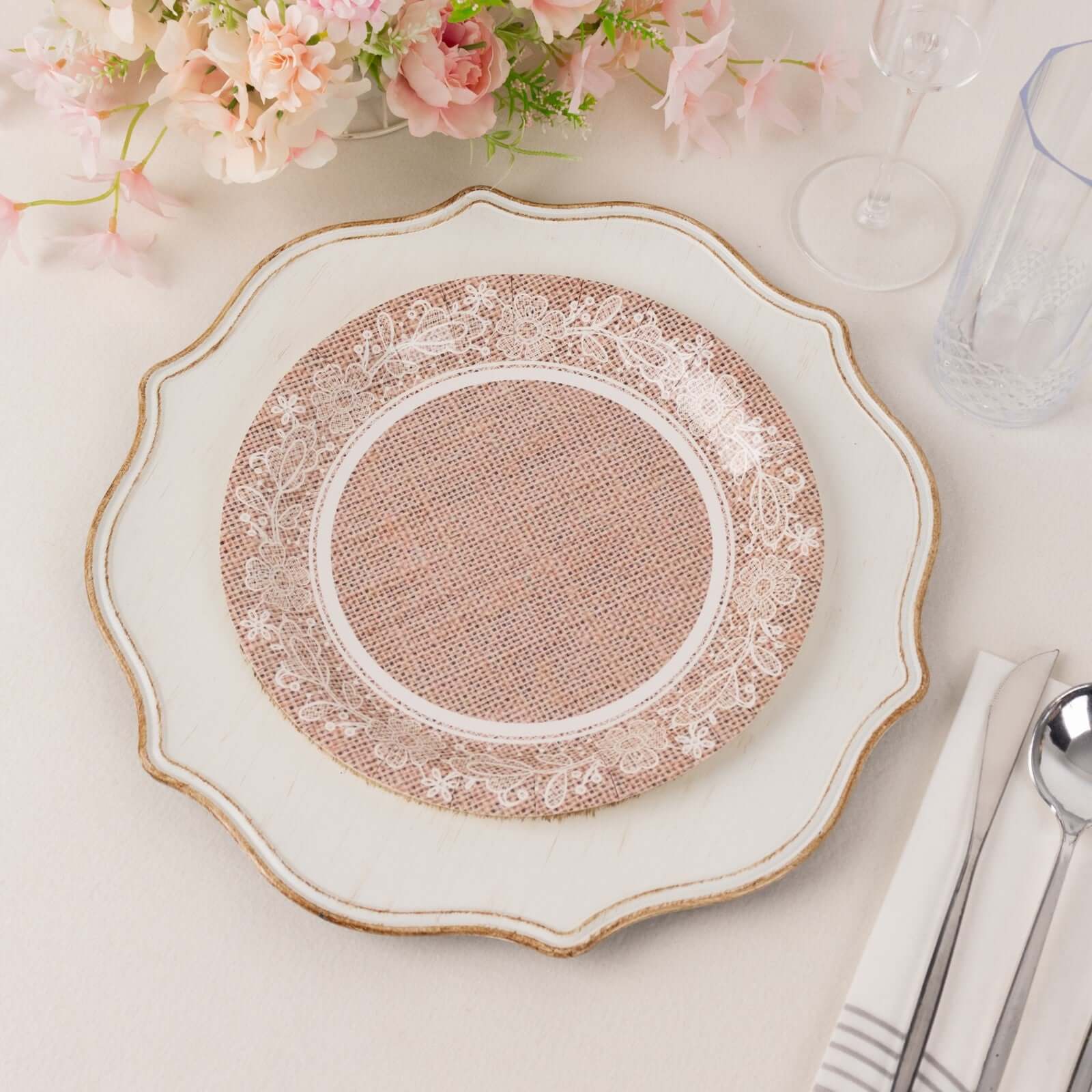 Hot Deal! 25-Pack of 9-Inch Round Disposable Paper Dinner Plates with Rustic Burlap & Floral Lace Design