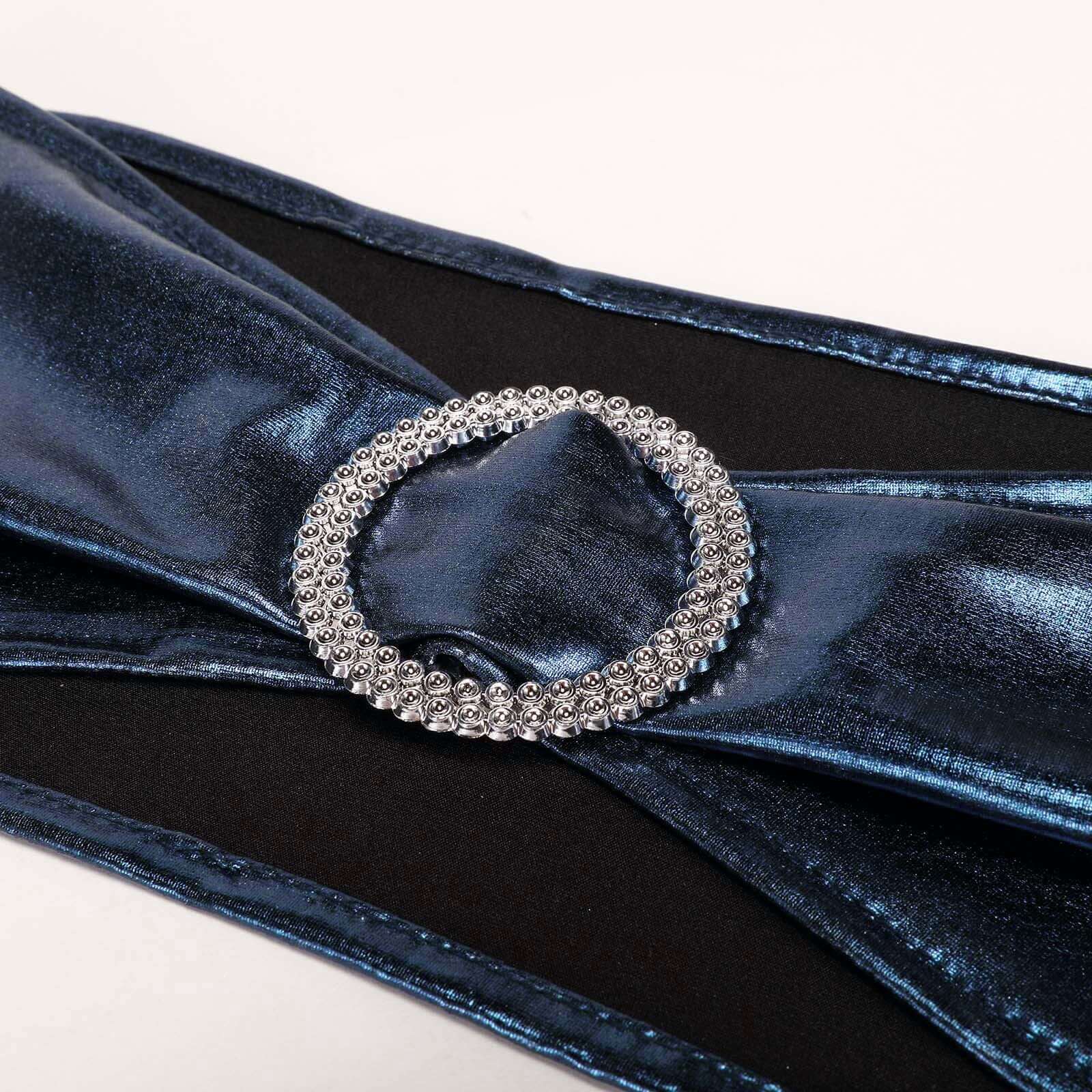 5-Pack Navy Blue Metallic Spandex Chair Sashes with Round Diamond Plastic Buckles - Ideal for Decor