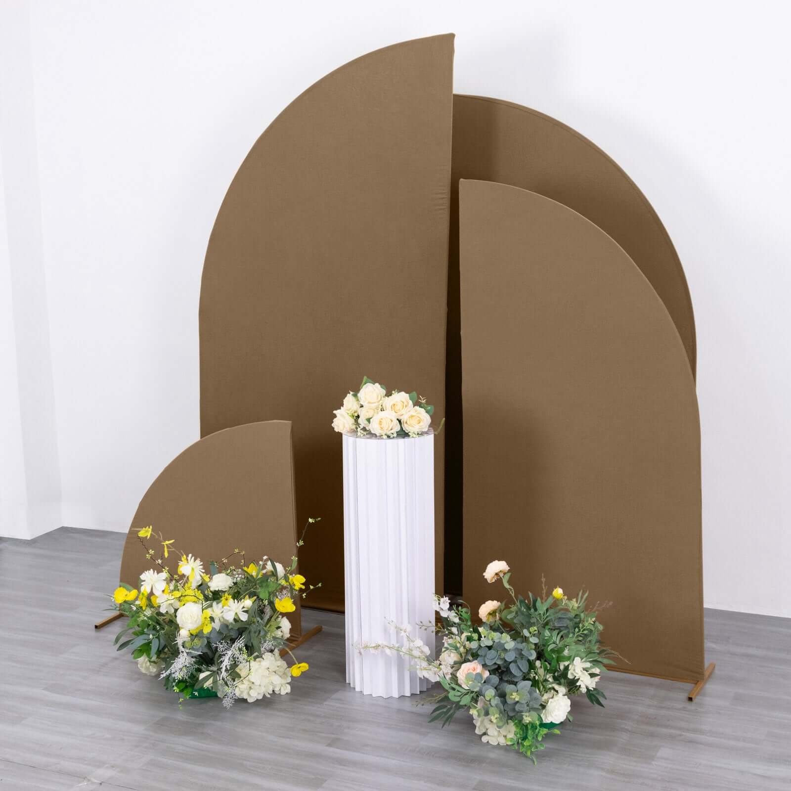 Custom-Fit Matte Taupe Spandex Set of 4 Half Moon Wedding Arch Backdrop Covers - 2.5ft, 5ft, 6ft, 7ft