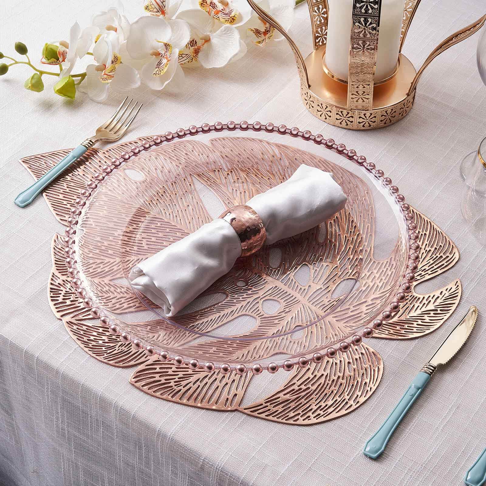 6-Piece Rose Gold Monstera Leaf Design Vinyl Dining Table Mats - Non-Slip for Tropical Decor