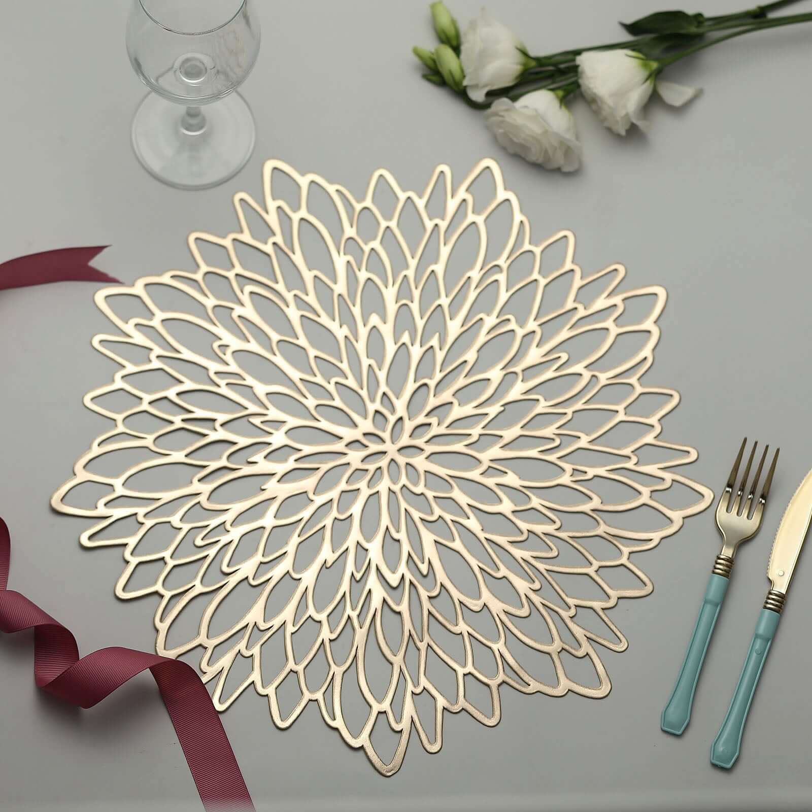 Hot Deal! 6-Pack Gold Floral Vinyl Round Non-Slip Dining Table Mats, 15
