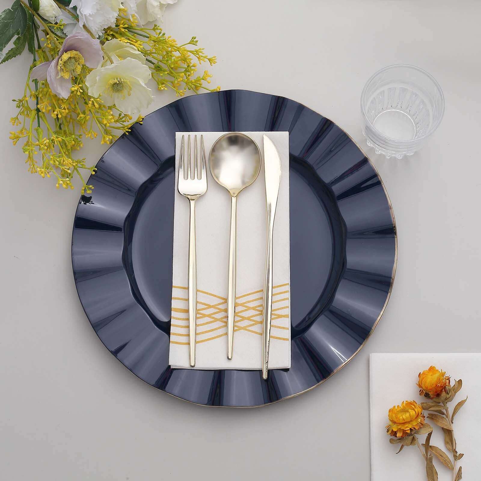 Hot Deal! 10-Pack 11" Navy Blue Plastic Round Dinner Plates with Gold Ruffled Edging - Sturdy Disposable