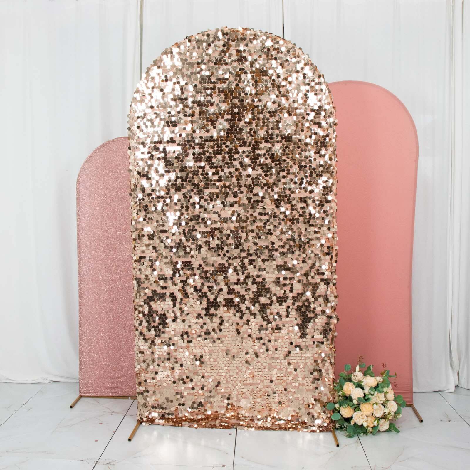 3-Piece Rose Gold Wedding Arch Frame Covers: Sequin, Tinsel & Spandex