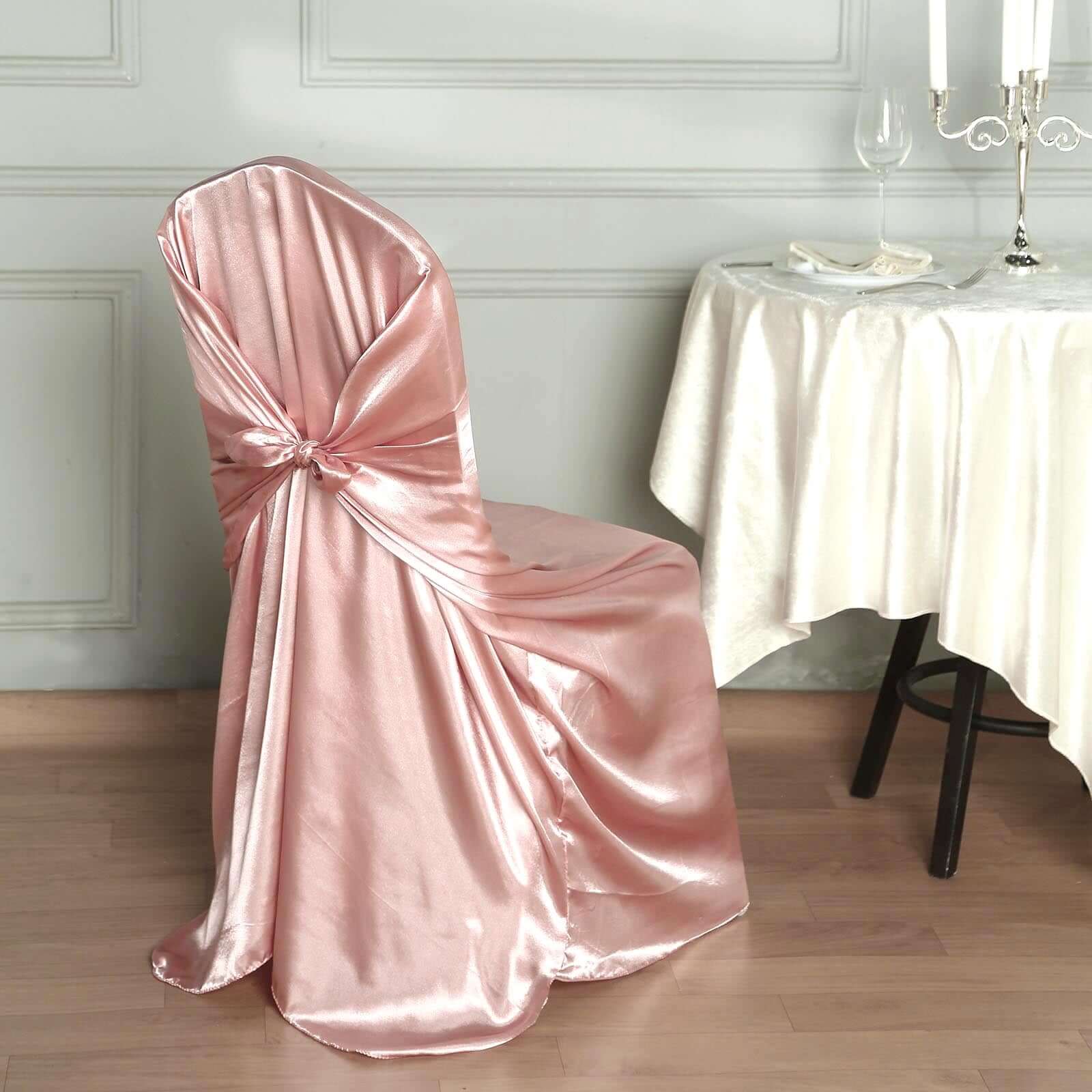 Durable Dusty Rose Satin Self - Tie Chair Cover for Folding, Dining & Banquet Chairs