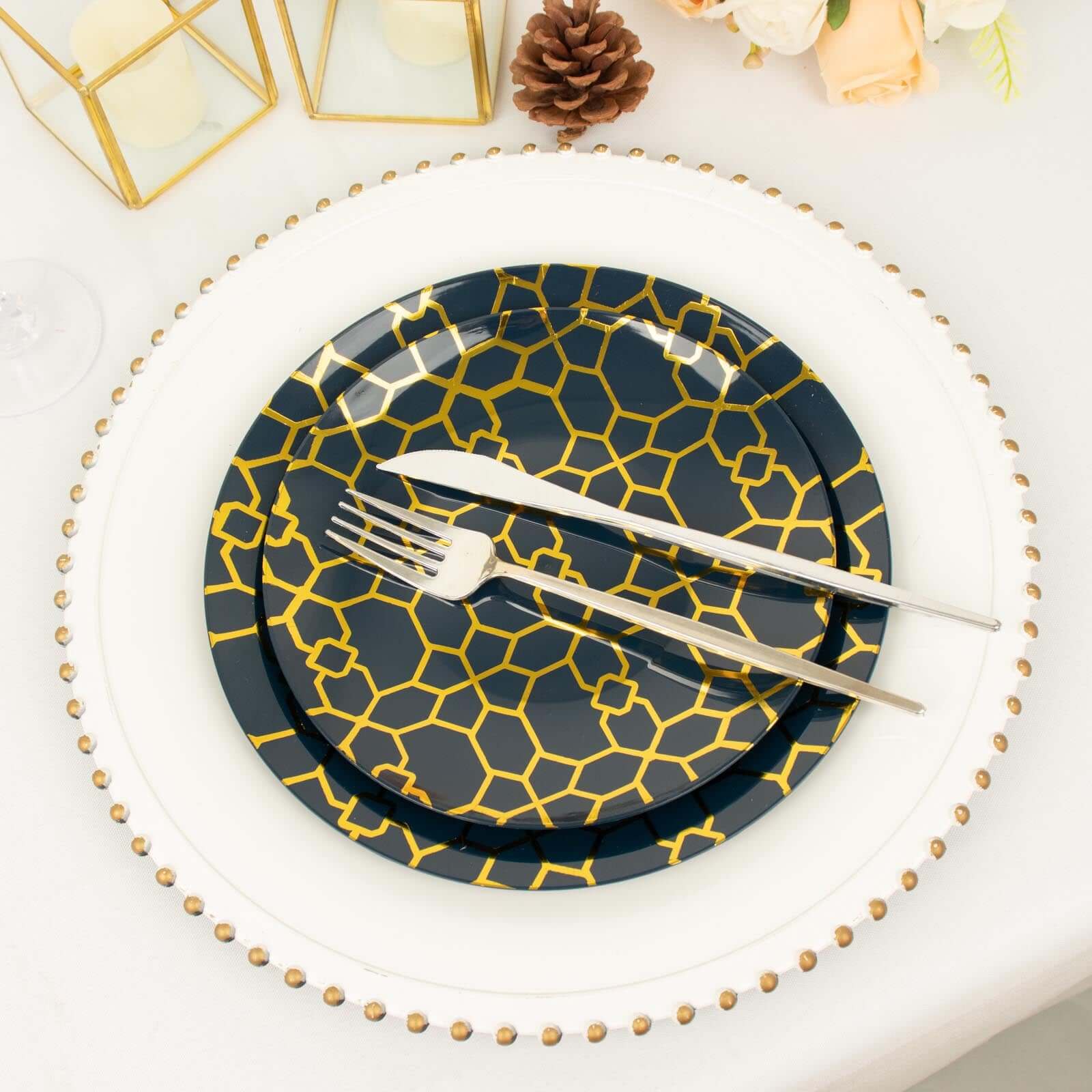 Hot Deal! 20-Pack Navy Blue Plastic Dinnerware Set with Gold Geometric Print for Weddings