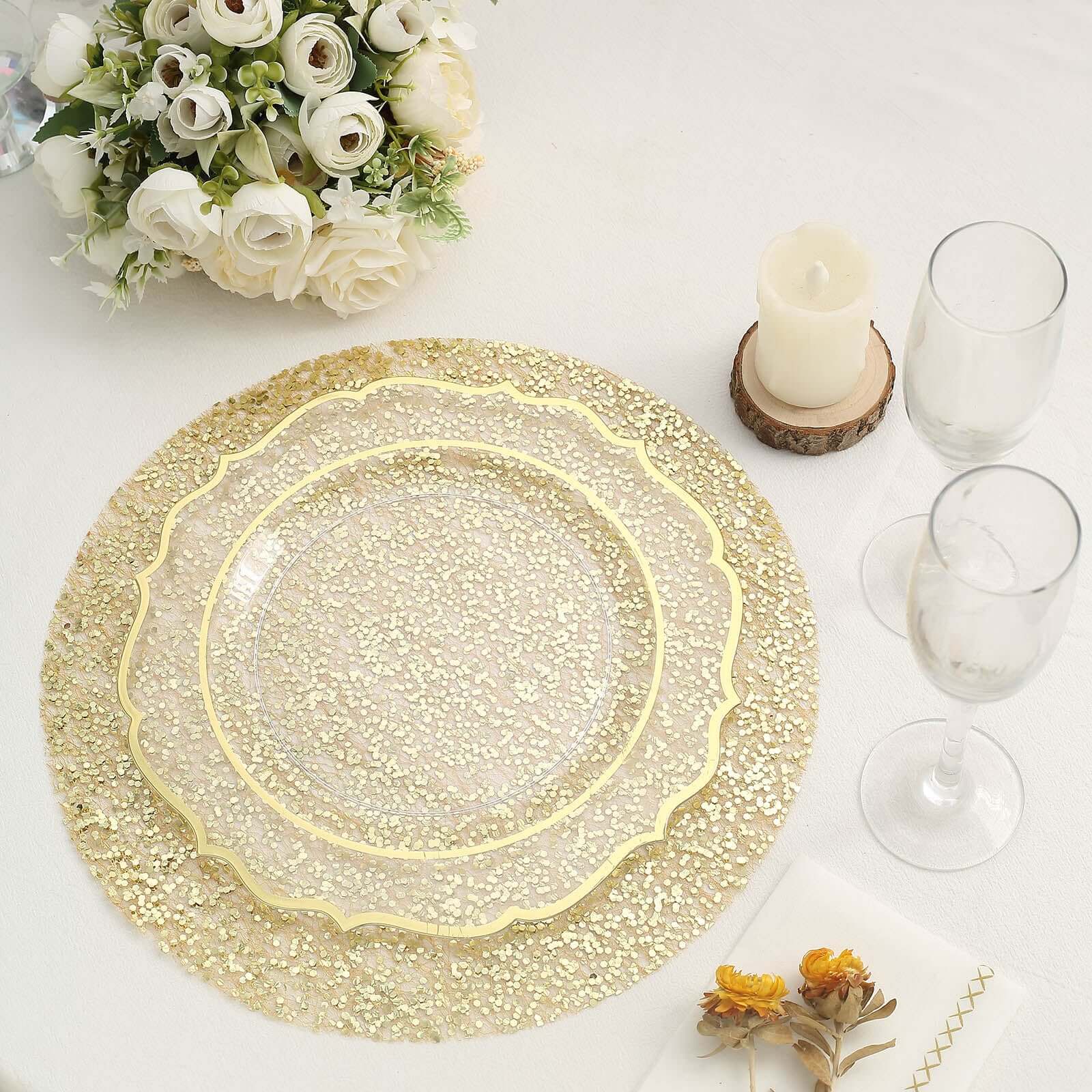10-Piece Set of Disposable, Dust-Free Metallic Gold Sequin Round Table Placemats, 13 Inches