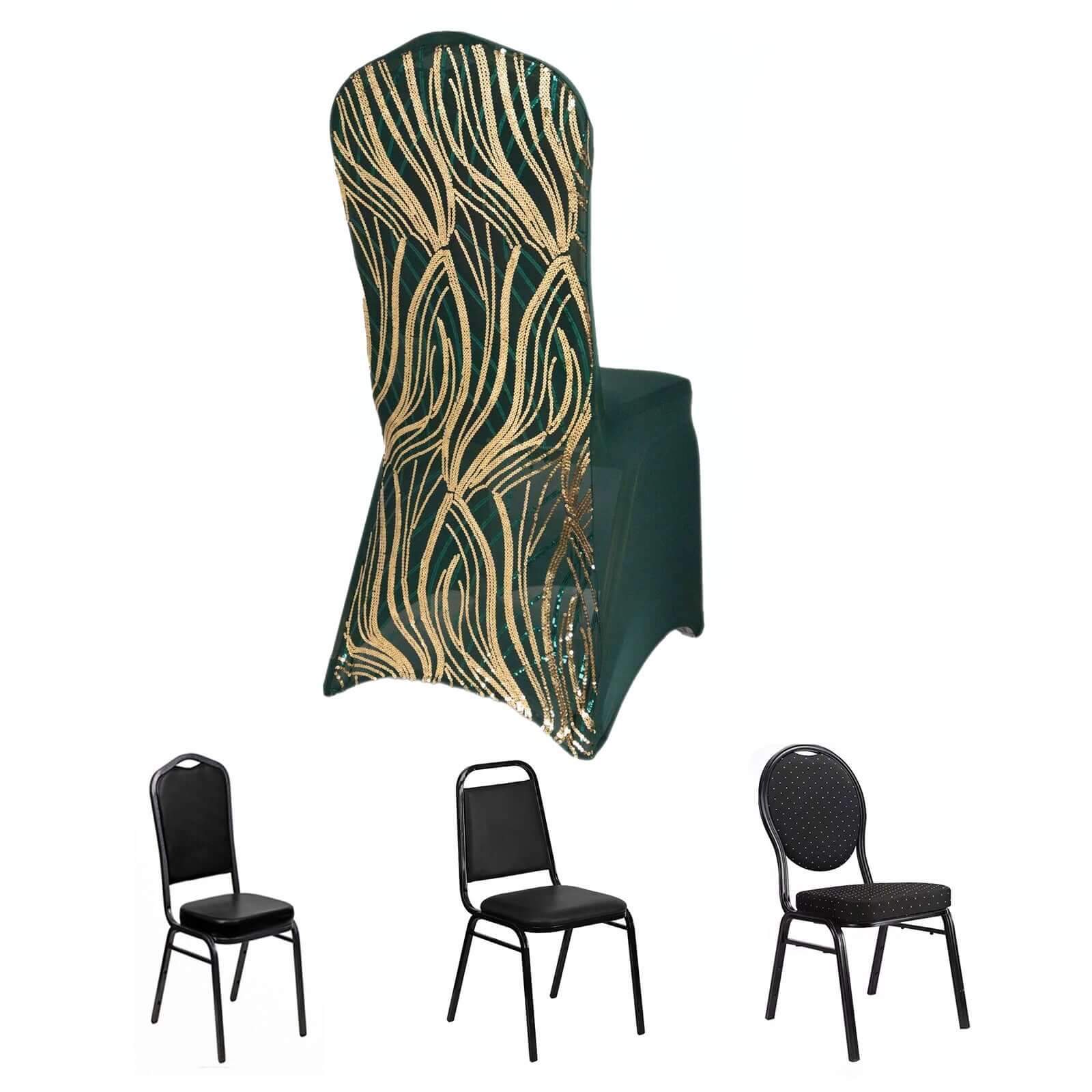 Sparkling Hunter Emerald Green/Gold Spandex Banquet Chair Covers with Wave Embroidered Sequins - Stretch Fitted Slipcovers