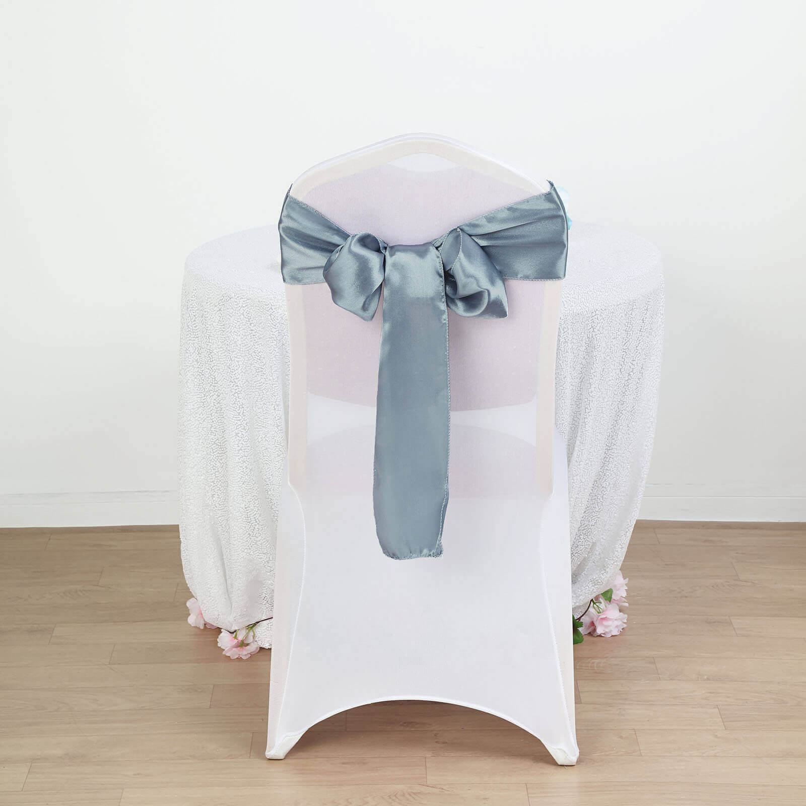 5-Pack Dusty Blue Satin Chair Sashes - Durable, Shiny Chair Bows, Great Deal